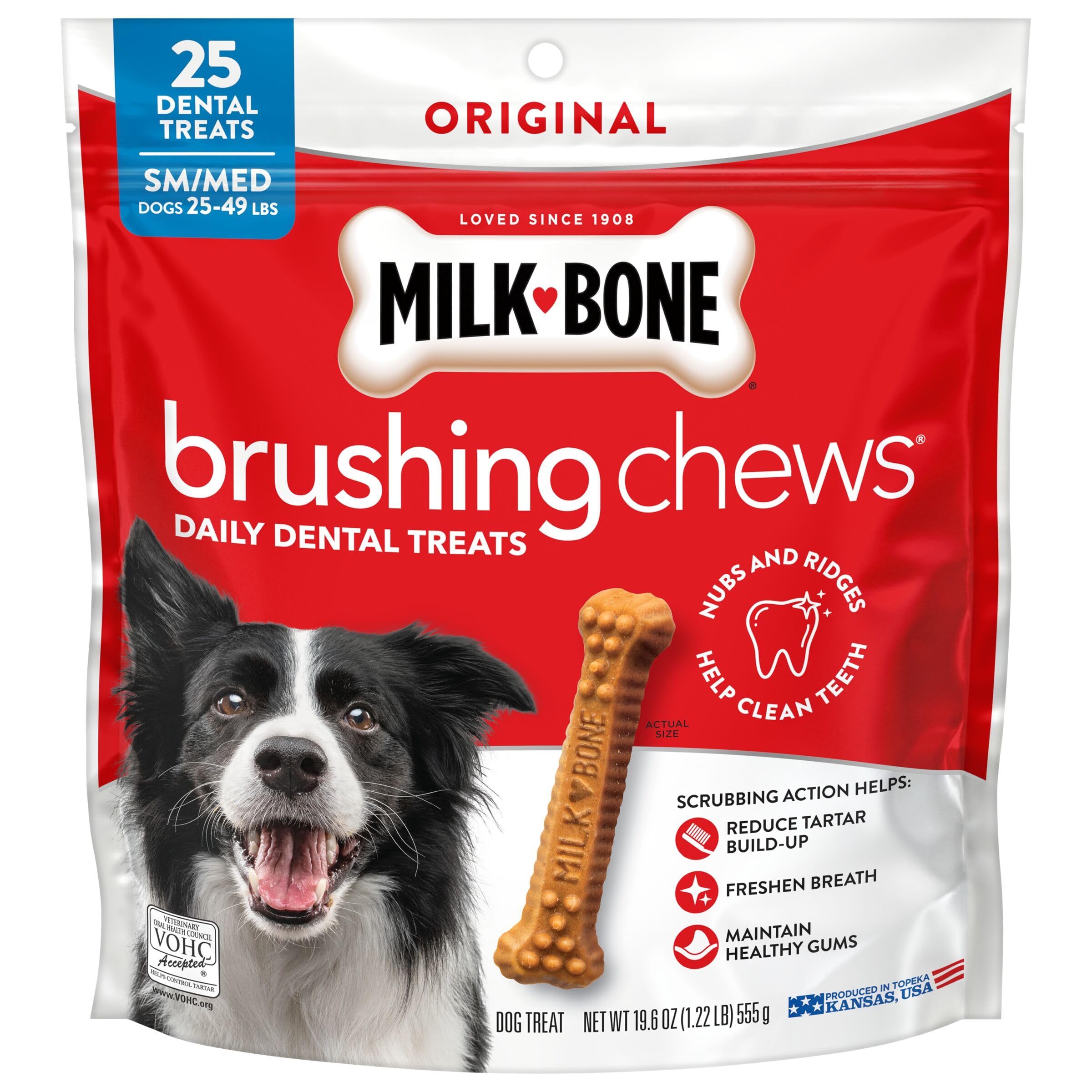 Milk-Bone Brushing Chews saveur poulet dans le sac de 19,6 oz pour haleine plus fraîche.