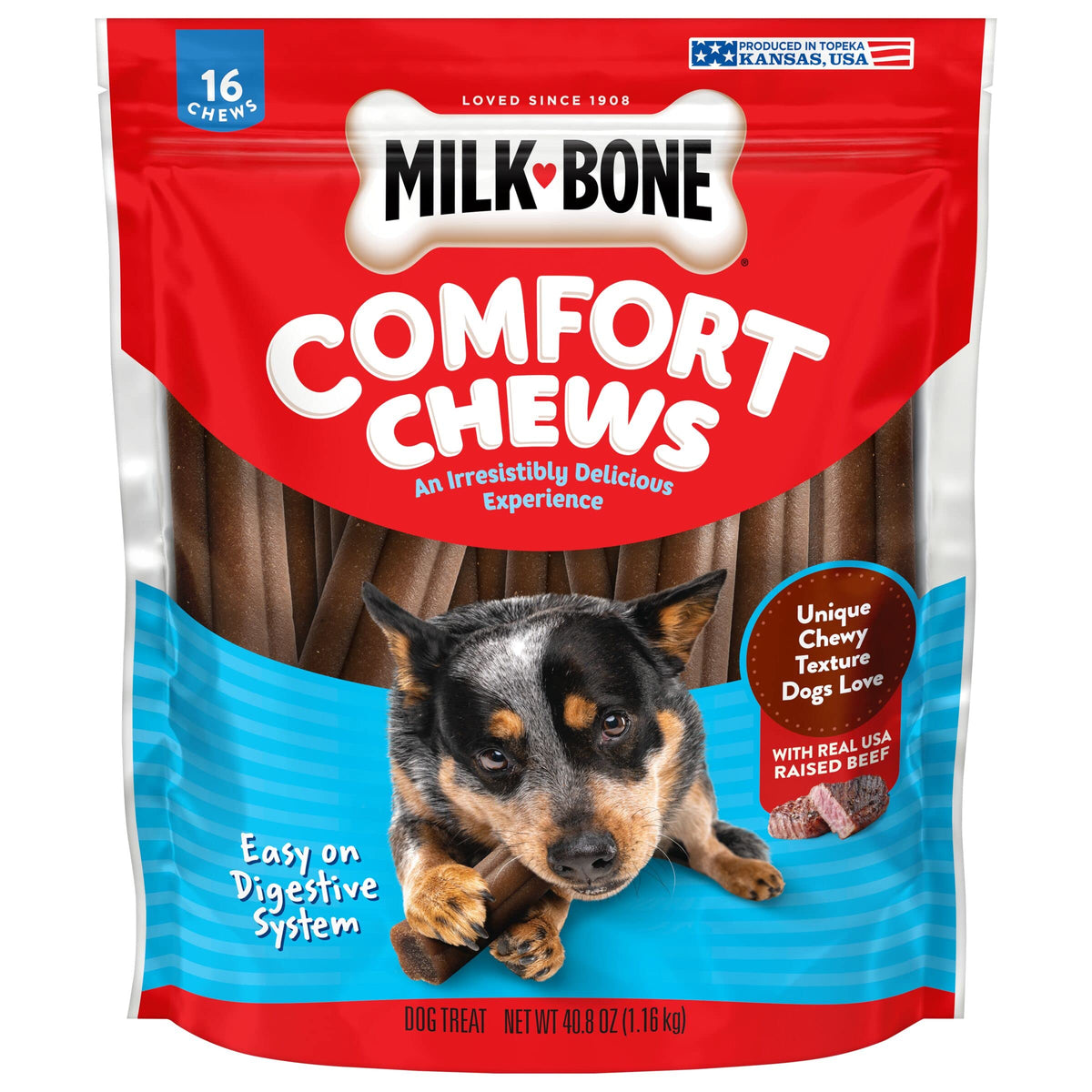 Milk-Bone Comfort Chews dans l'emballage prêt, pratique pour les déplacements du chien.
