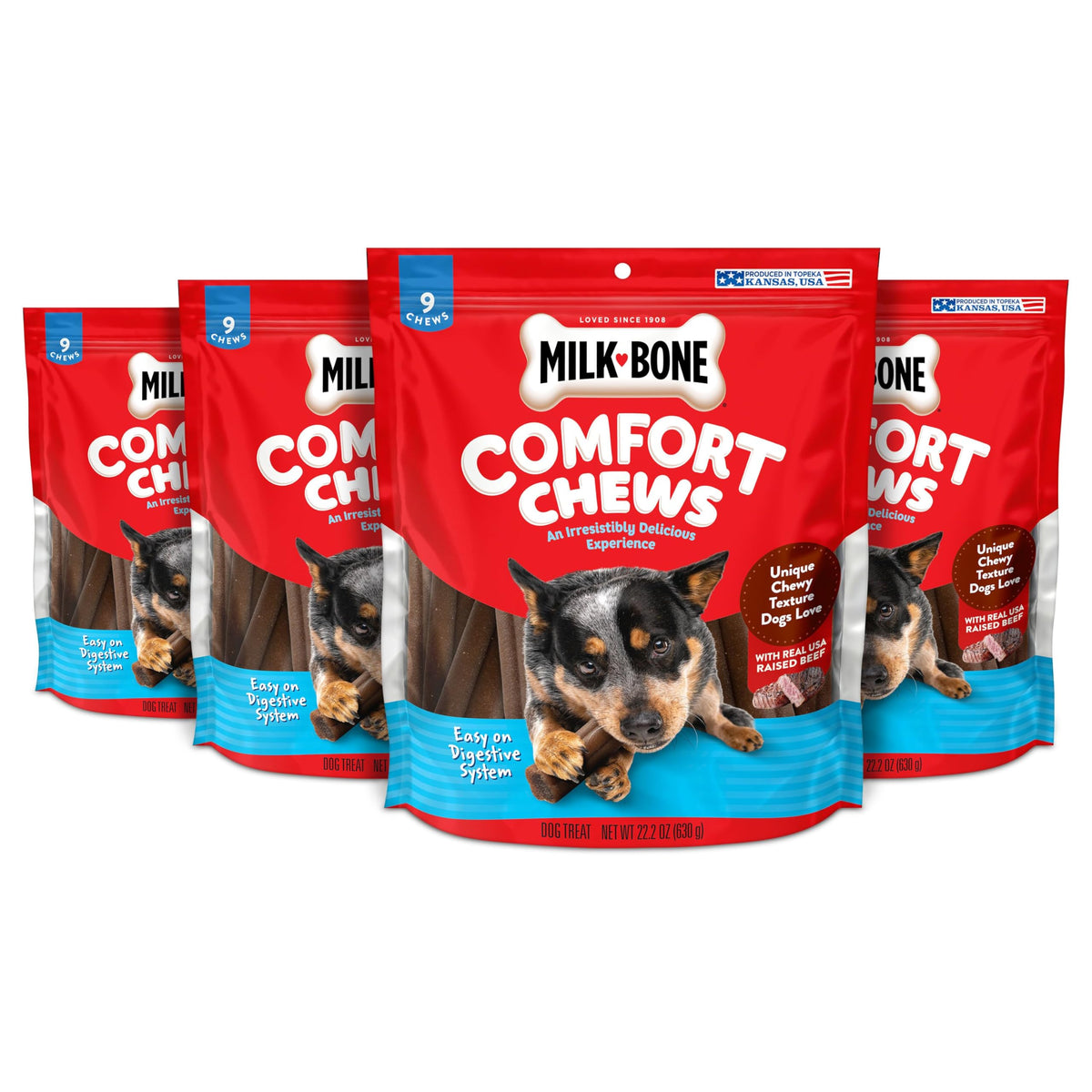 Milk-Bone Comfort Chews emballage prêt à l’emploi, sans cuir cru.