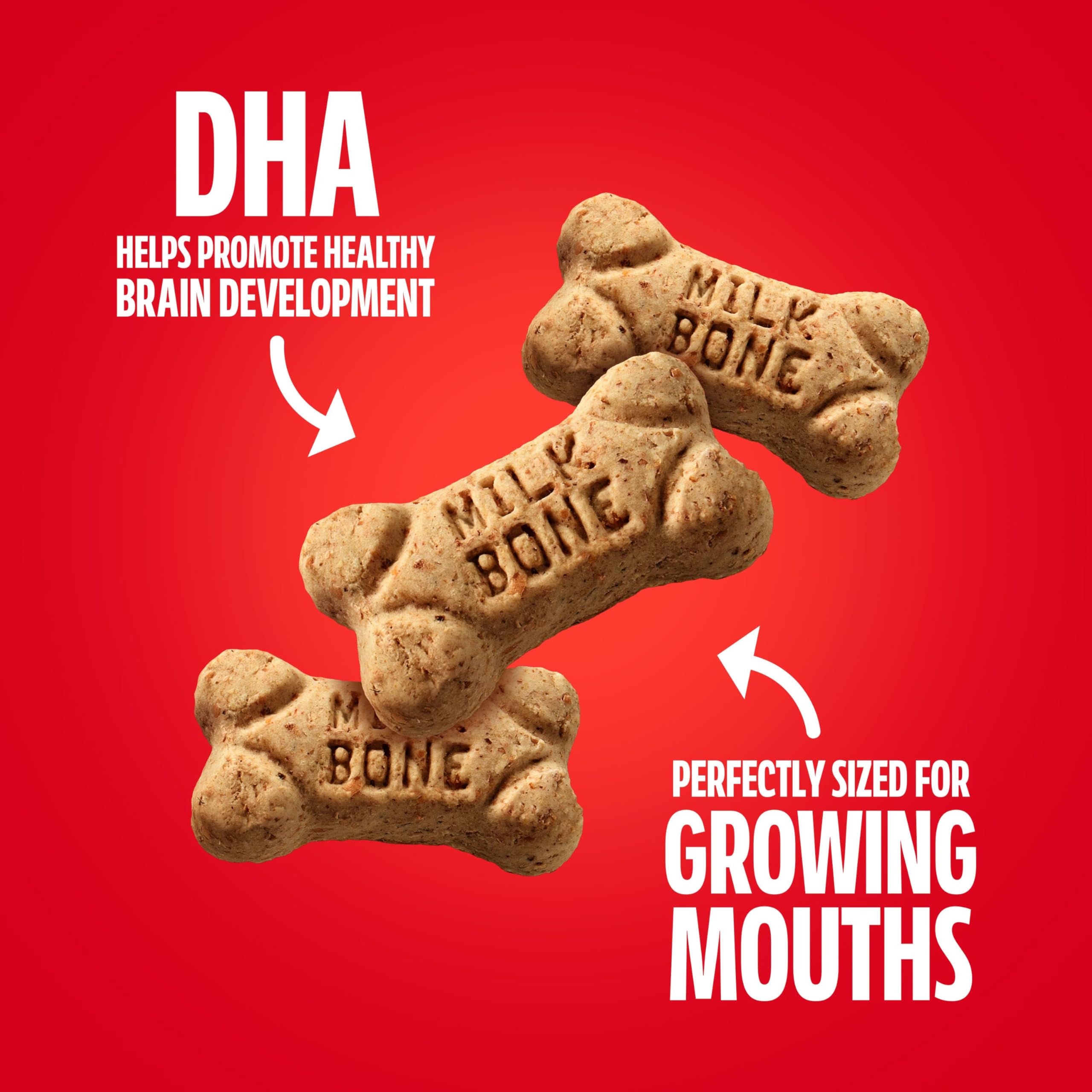 Milk-Bone DHA pour chiots, soutien potentiel au développement cérébral.