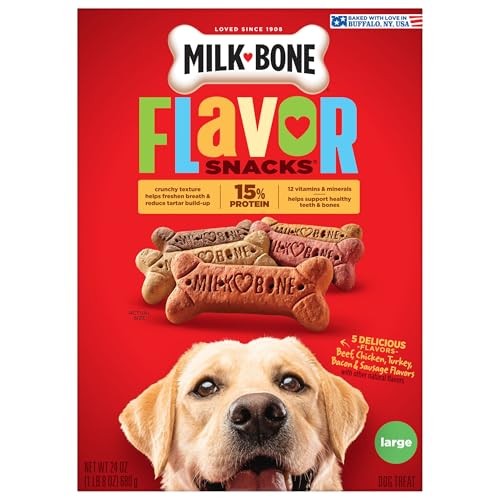 Milk-Bone Flavor Snacks emballage 24 oz: boîte pratique pour usage quotidien.