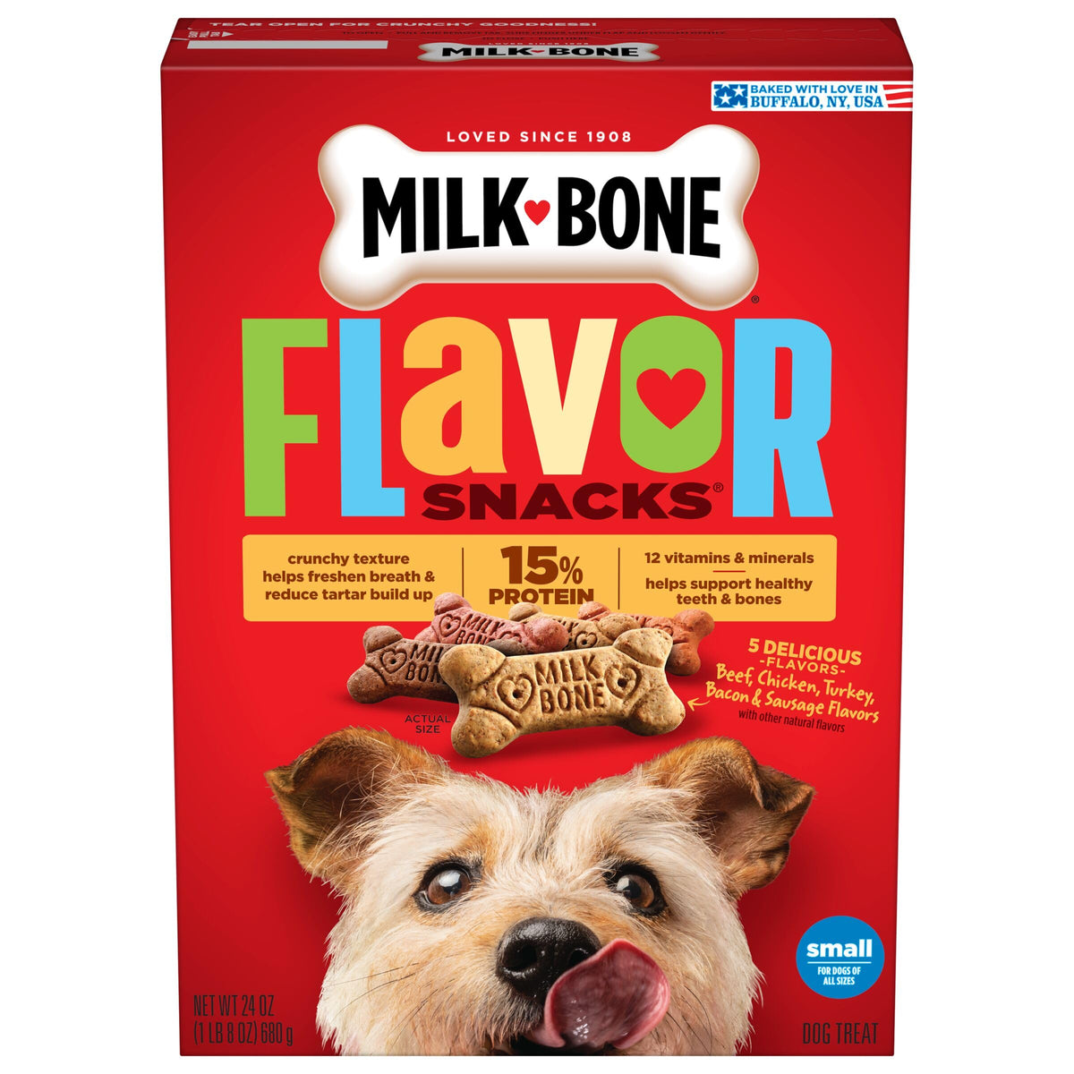 Gros plan packaging Milk-Bone Flavor Snacks et biscuits pour chien, haleine fraiche.