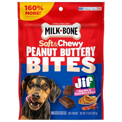 Goût riche cacahuète-bacon Milk-Bone pour chiens enthousiastes.