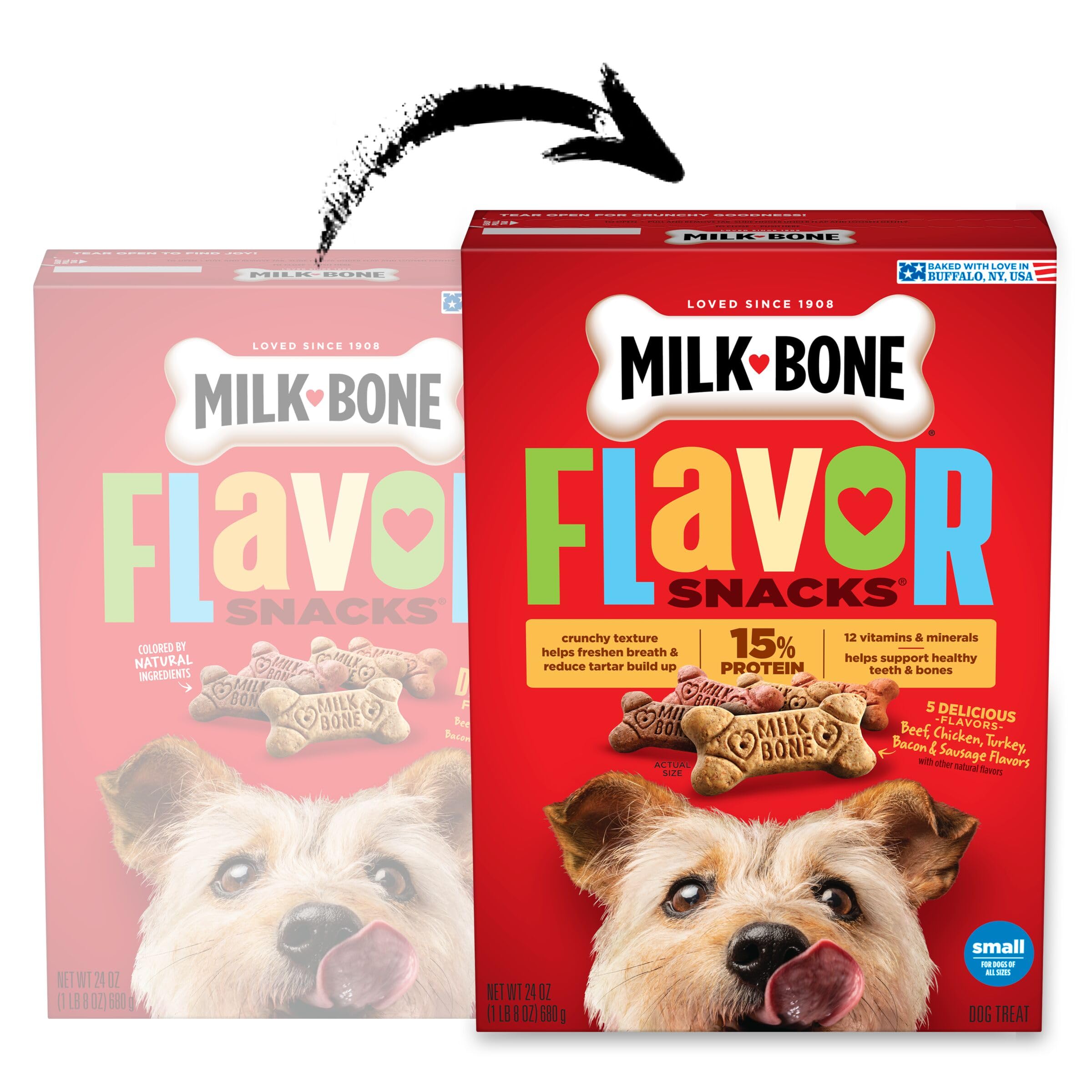 Vue rapprochée des saveurs boeuf et poulet Milk-Bone pour chiens gourmands.