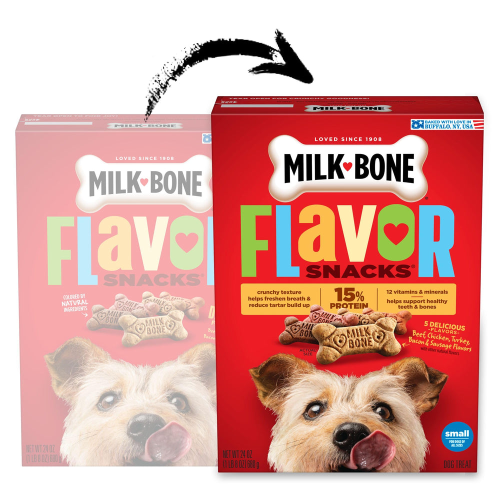 Vue rapprochée des saveurs boeuf et poulet Milk-Bone pour chiens gourmands.