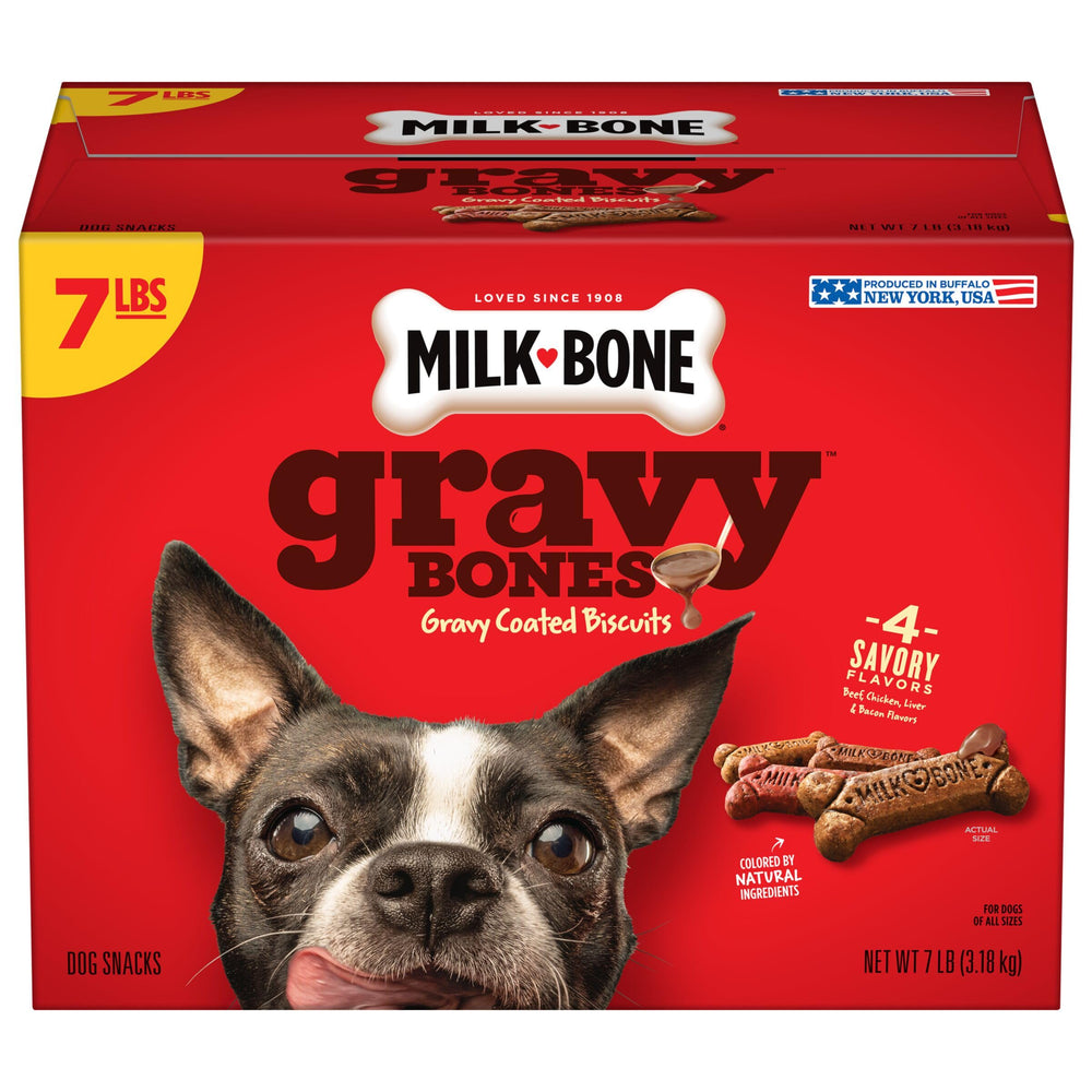 Milk-Bone GravyBones dans sa boîte de 7 livres, pratique pour récompenser votre chien.