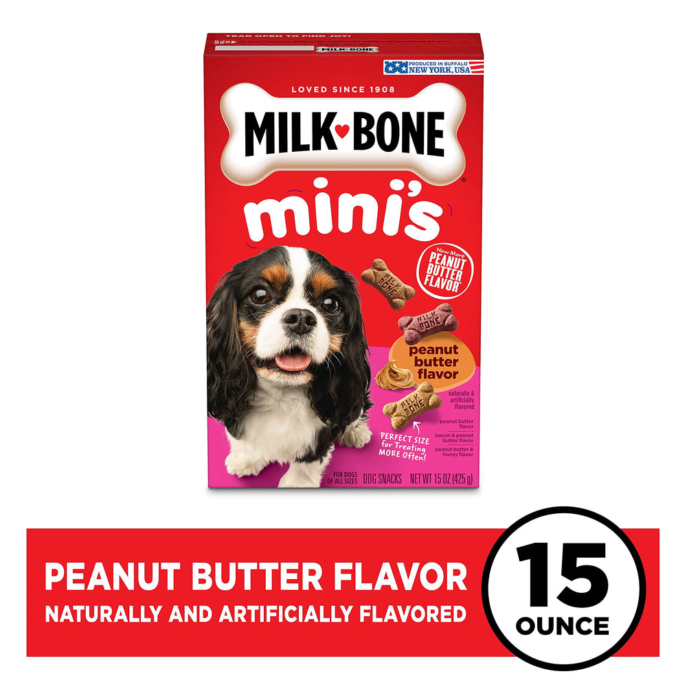 Friandises croquantes Milk-Bone Mini au beurre de cacahuète, texture plaisante pour petit chien.