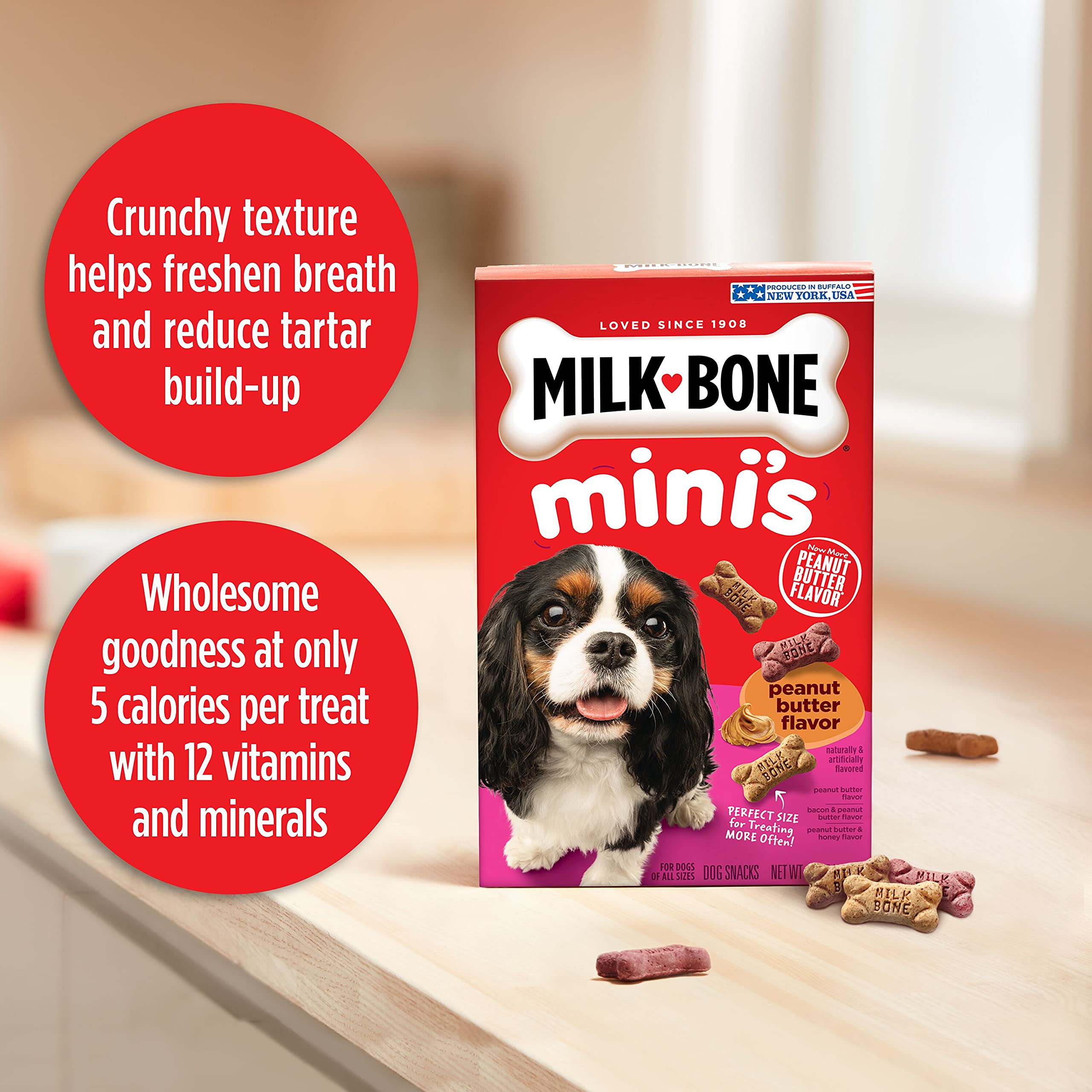 Milk-Bone Mini : Petites portions à 5 calories chacune, parfaites pour des friandises quotidiennes.