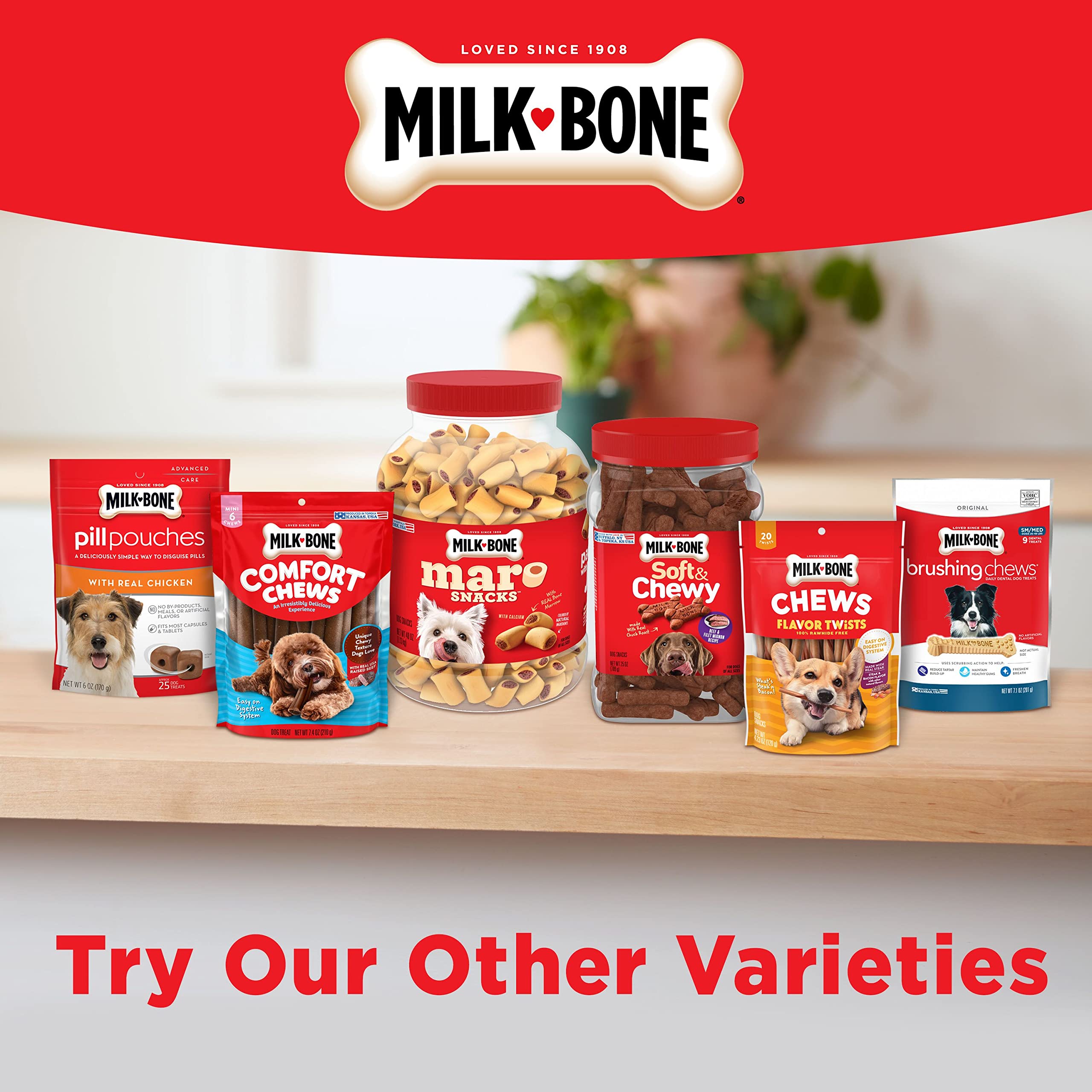 Milk-Bone Mini Comfort Chews – lot de cinq paquets, toujours prêts.