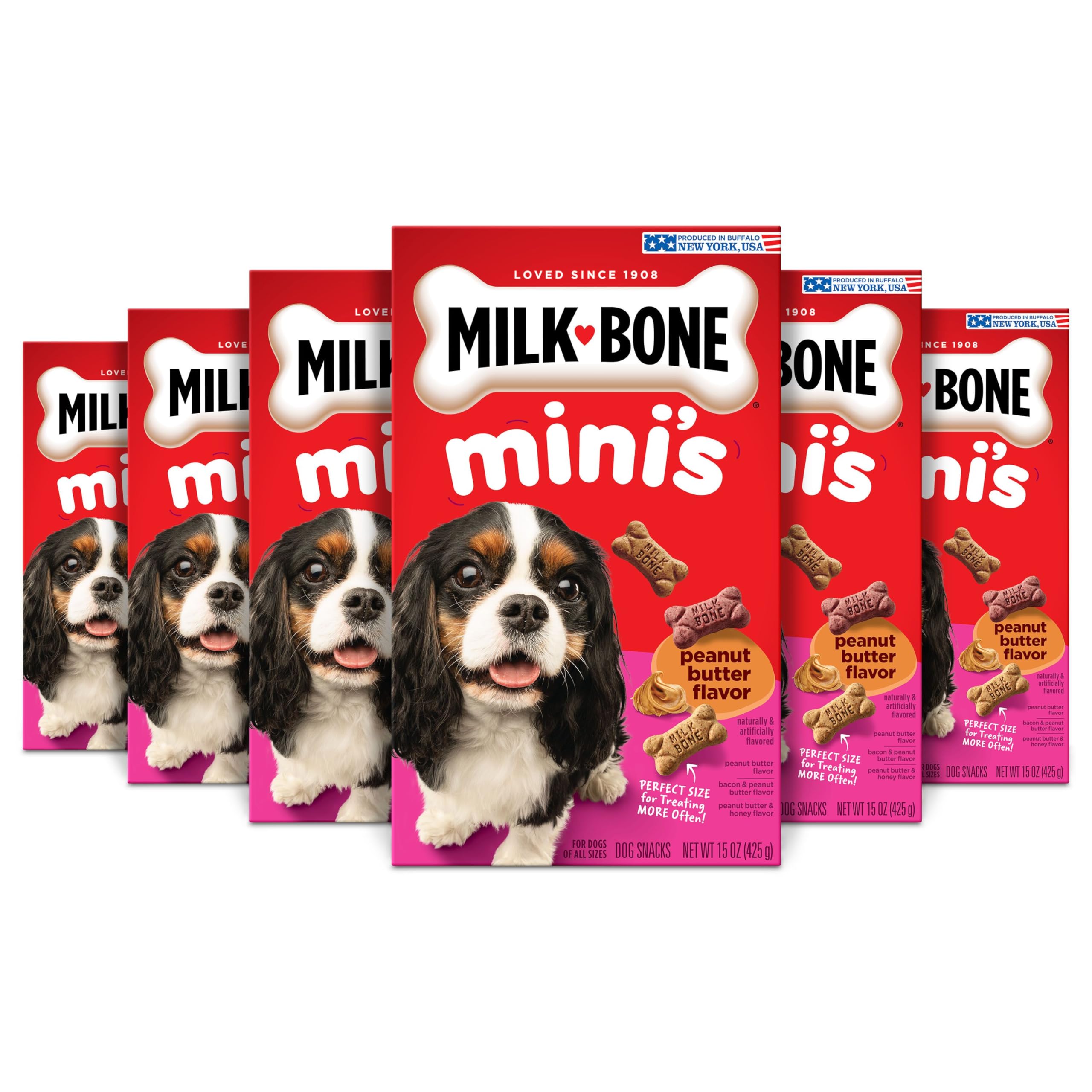Milk-Bone Mini dans emballage, six boîtes pratiques pour récompenser votre chien en douceur.