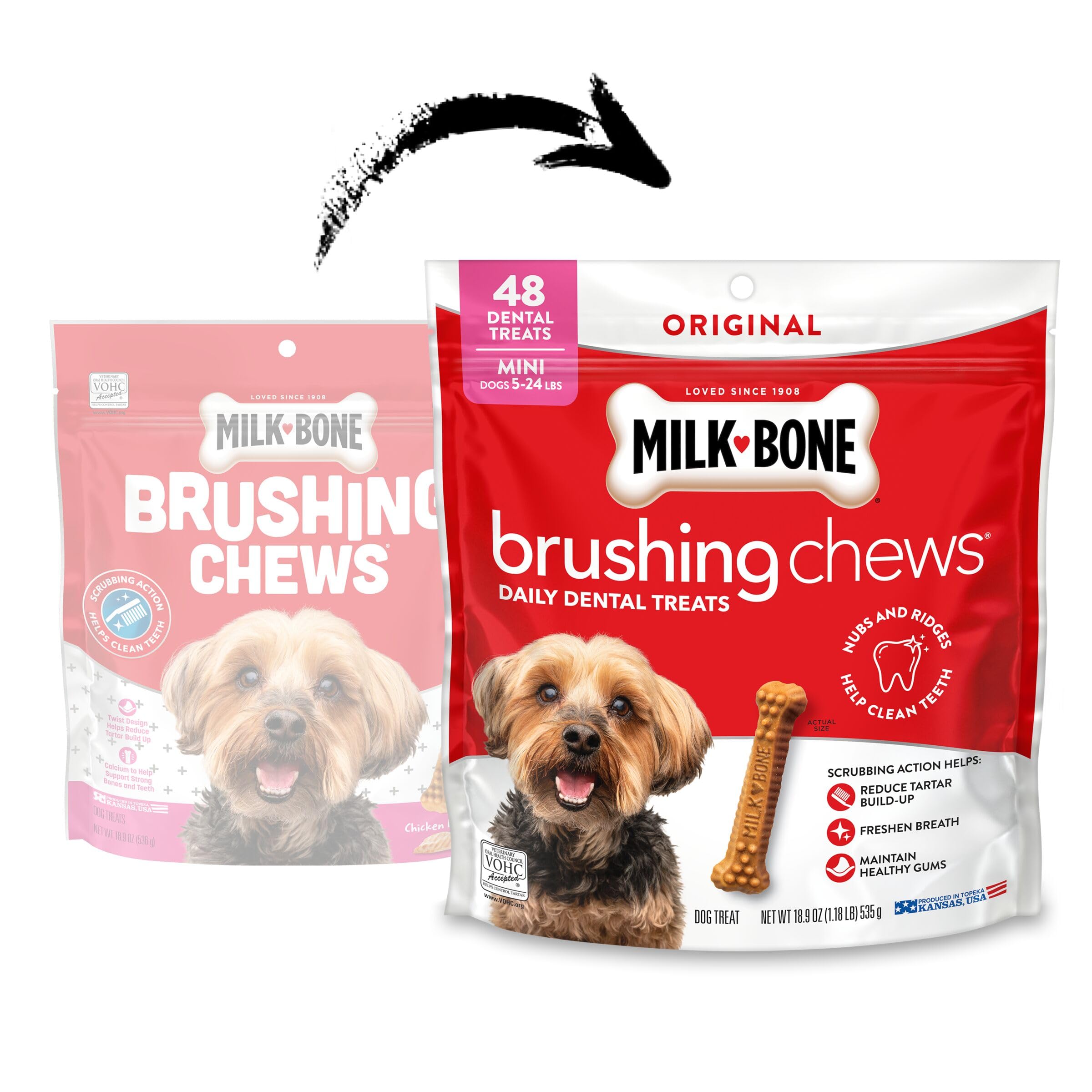 Milk-Bone friandises dentaires poulet mini nettoient en douceur les dents au quotidien.