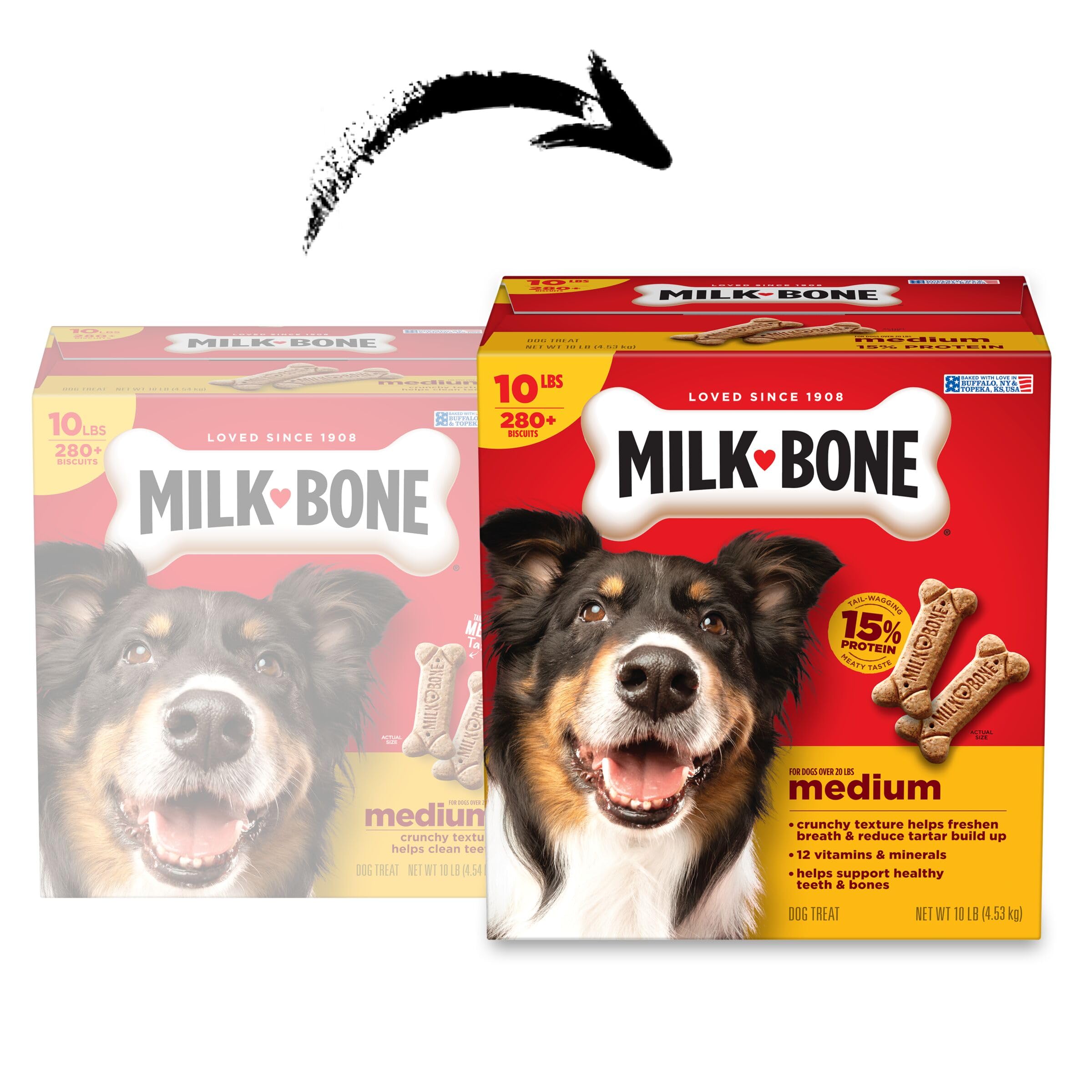 Texture croustillante Milk-Bone Original favorisant le nettoyage des dents.