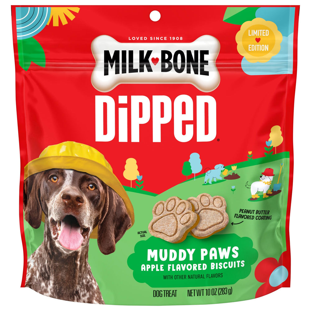 Milk-Bone pattes boueuses enrobées, snack ludique pour sorties pluvieuses.