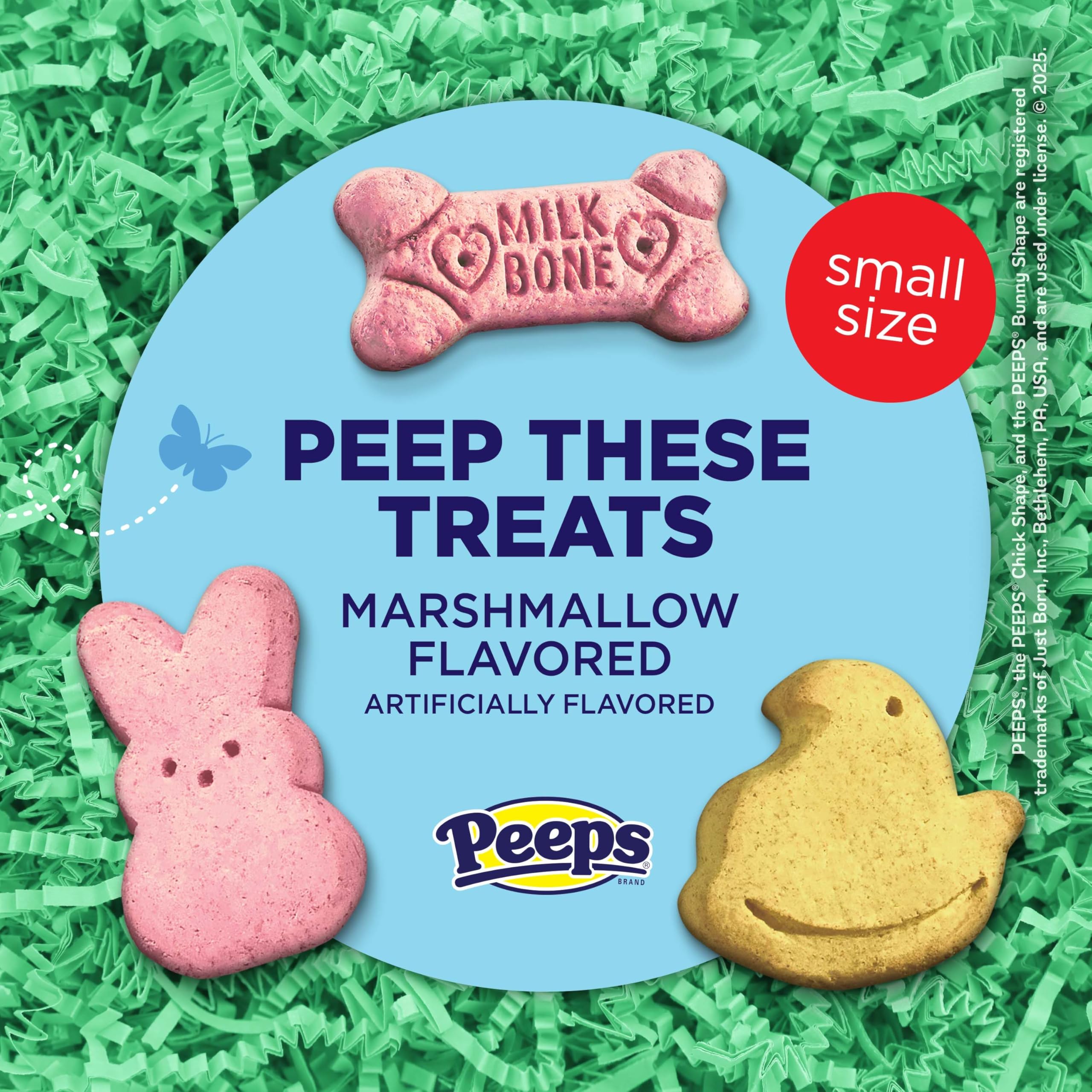 Milk-Bone Peeps couleurs rose-jaune : friandise visuelle et festive pour votre chien.