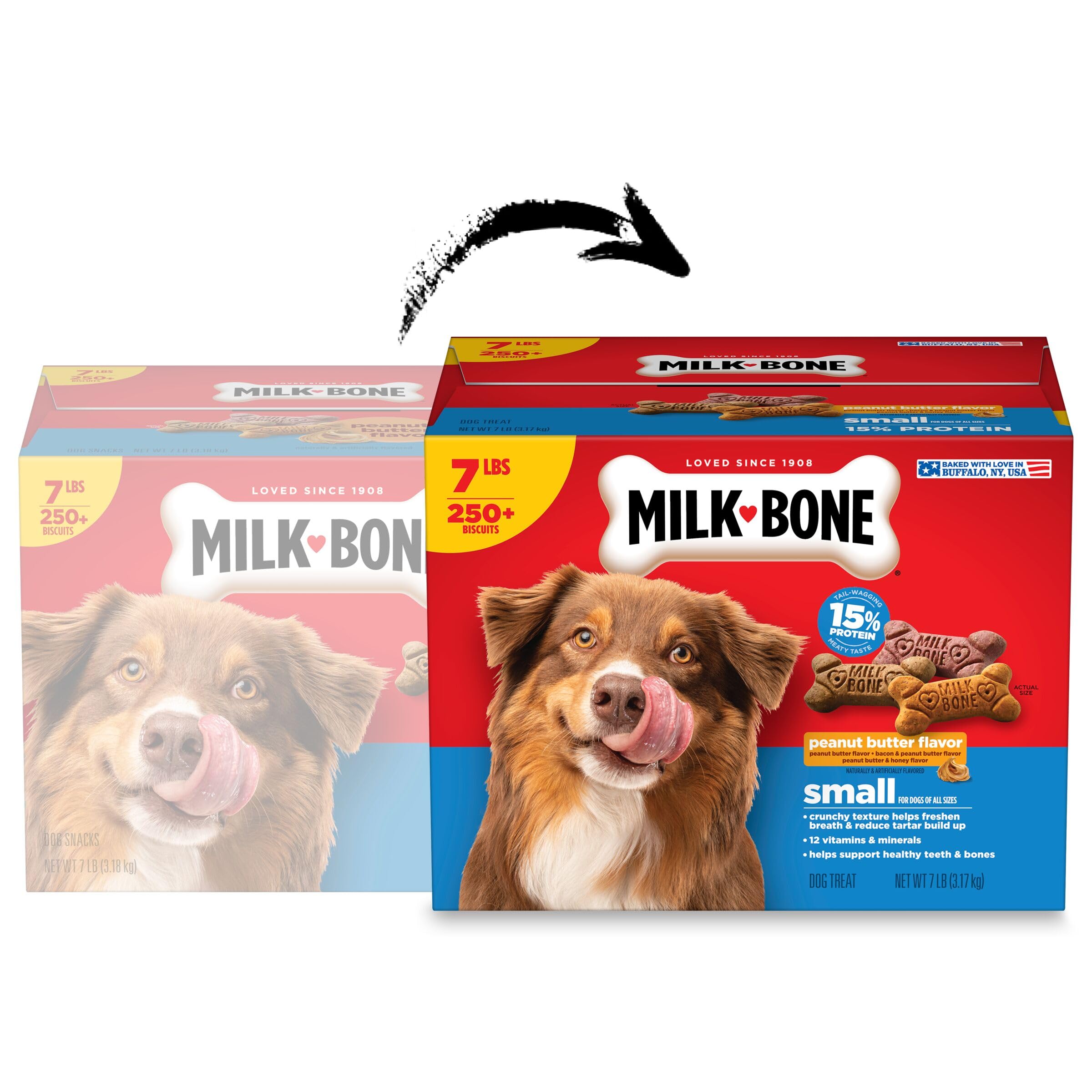 Biscuit Milk-Bone cacahuète bacon croquant, récompense savoureuse pour chien.