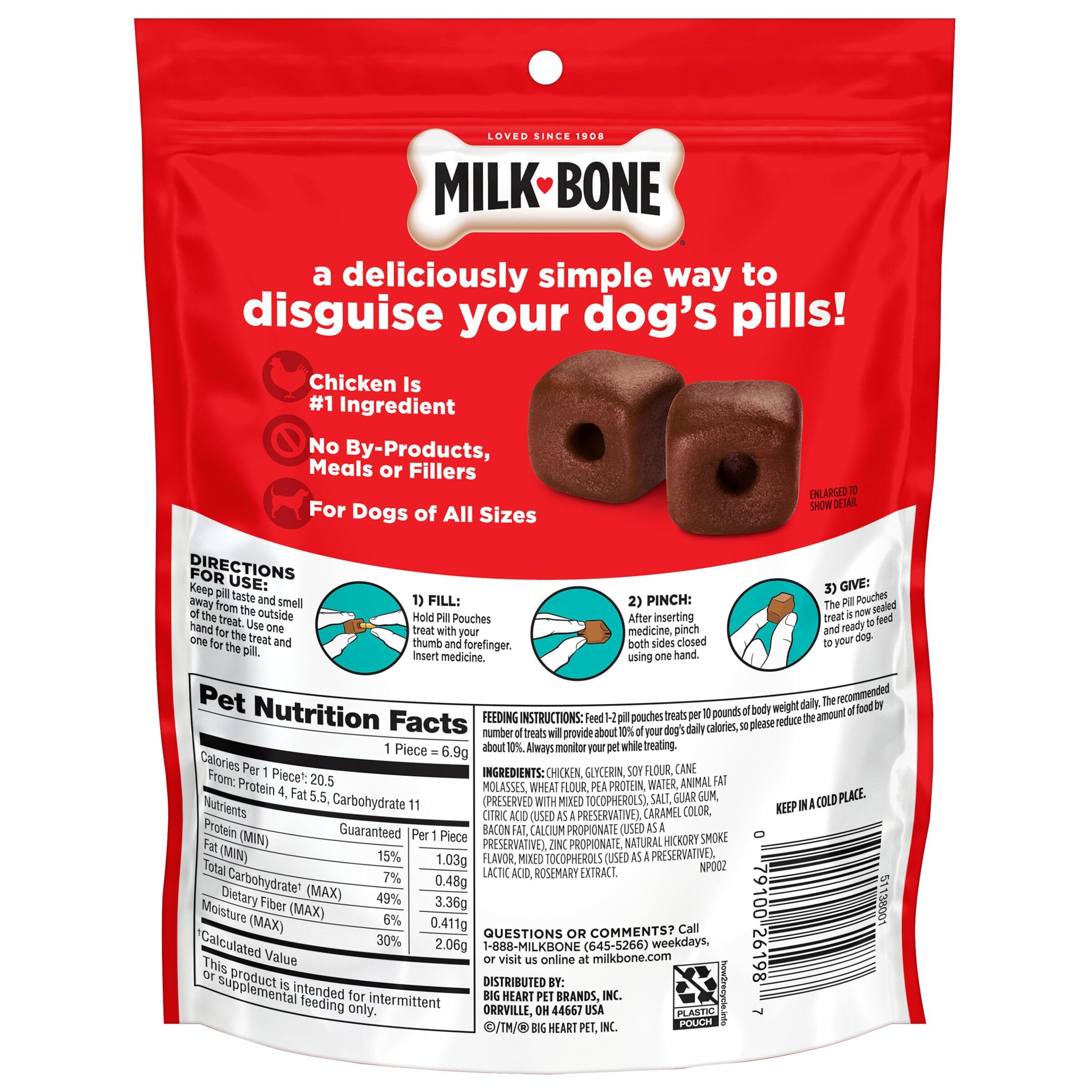 Milk-Bone Pill Pouches est fabriqué à Topeka, Kansas, USA, assurant une production locale.
