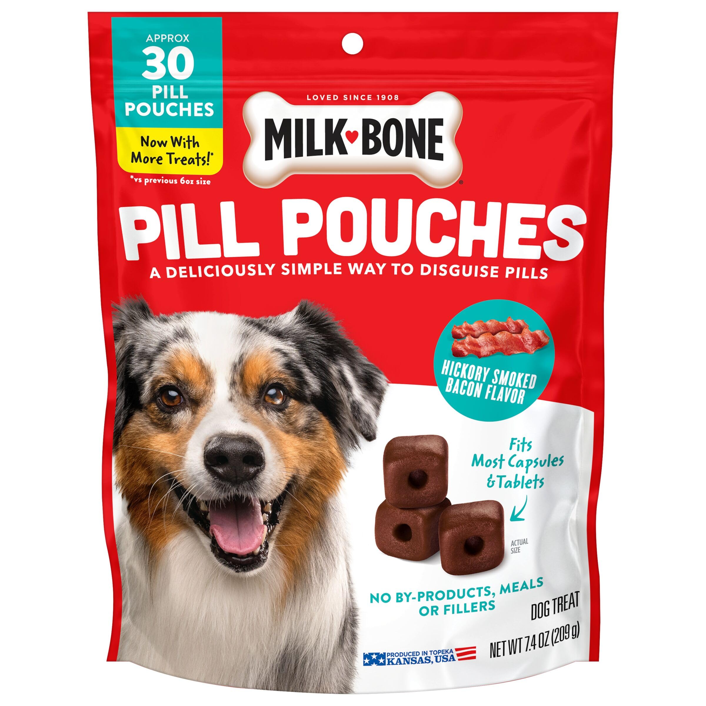 Milk-Bone Pill Pouches présente le goût bacon fumé et constitue une récompense appétissante pour chiens.