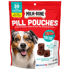 Milk-Bone Pill Pouches présente le goût bacon fumé et constitue une récompense appétissante pour chiens.