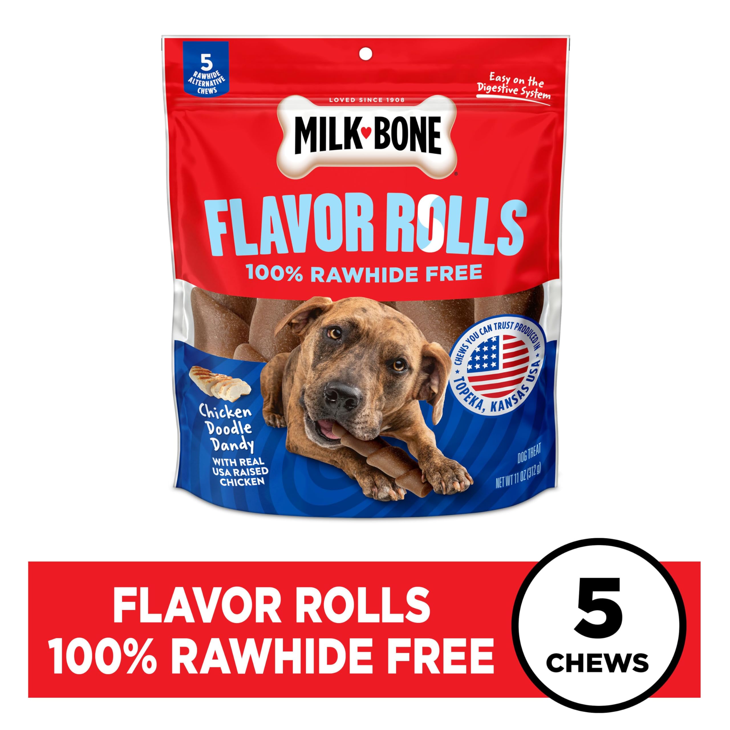 Paquet contenant cinq rouleaux Milk-Bone au poulet pour chien.