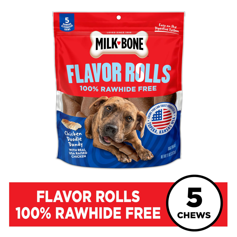 Paquet contenant cinq rouleaux Milk-Bone au poulet pour chien.