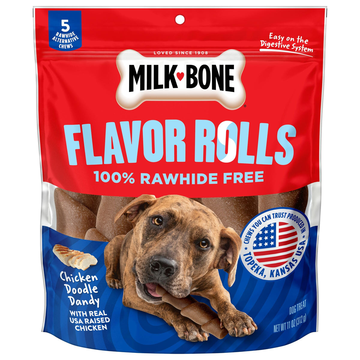 Rouleaux Milk-Bone Saveur Poulet emballage prêt à l’emploi pour chien.