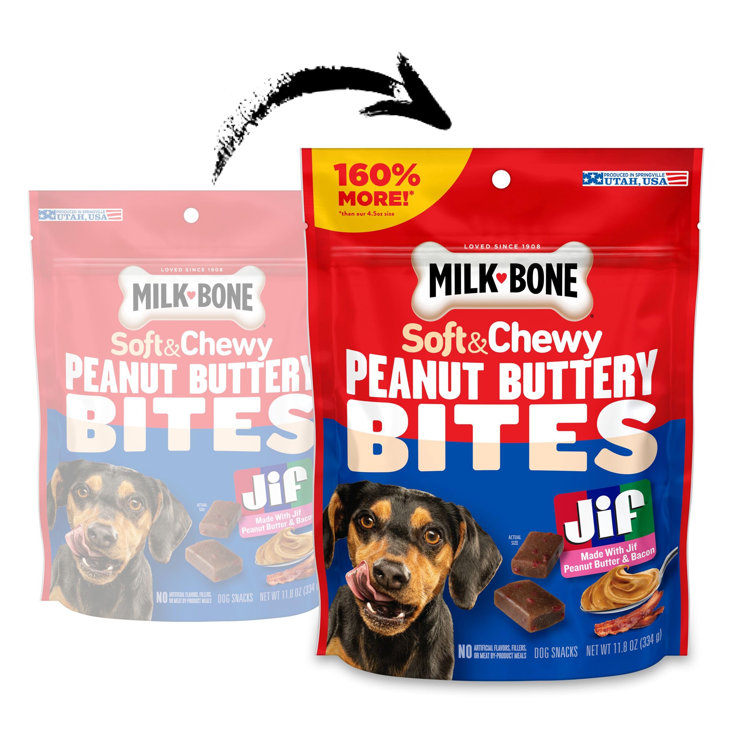 Sachet Milk-Bone ouvert affichant le format pratique des bouchées.