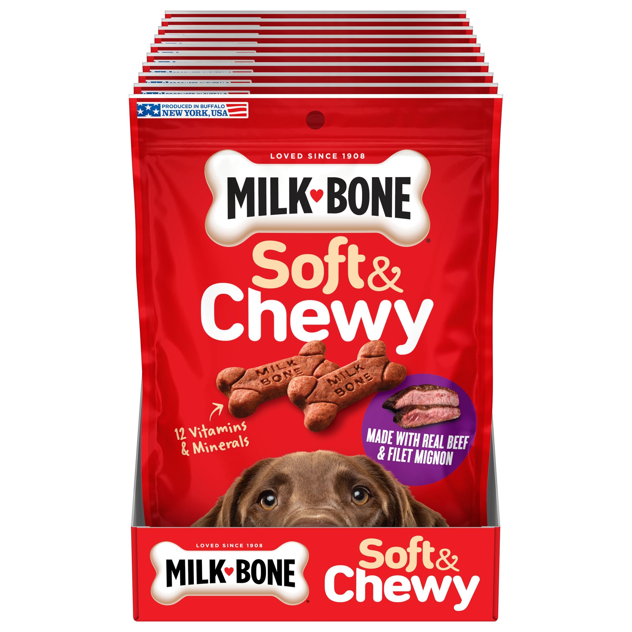 Emballage USA illustrant Buffalo et Topeka pour Milk-Bone Soft & Chewy.