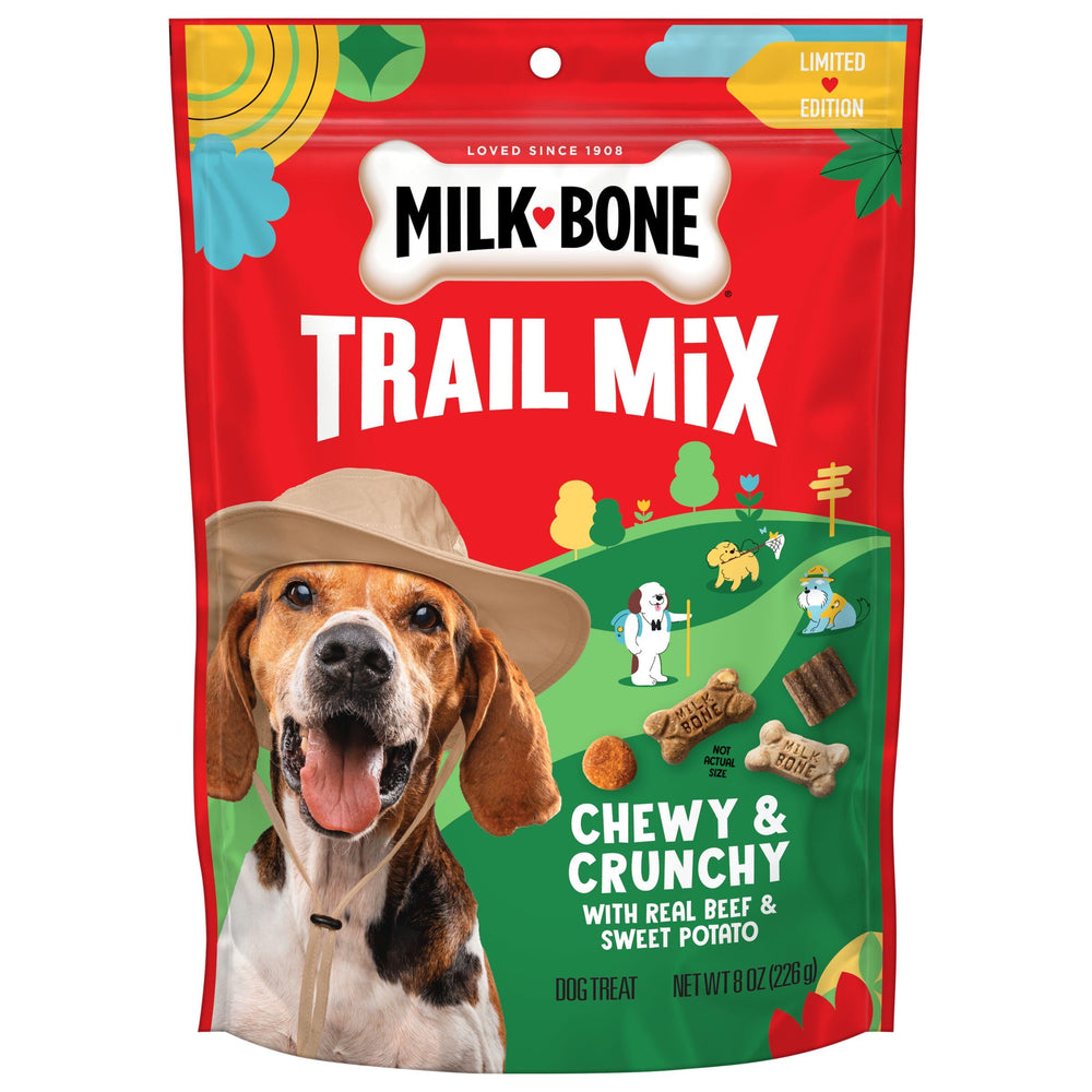 Milk-Bone friandises boeuf et patate douce dans sachet refermable, pratique pour sorties.