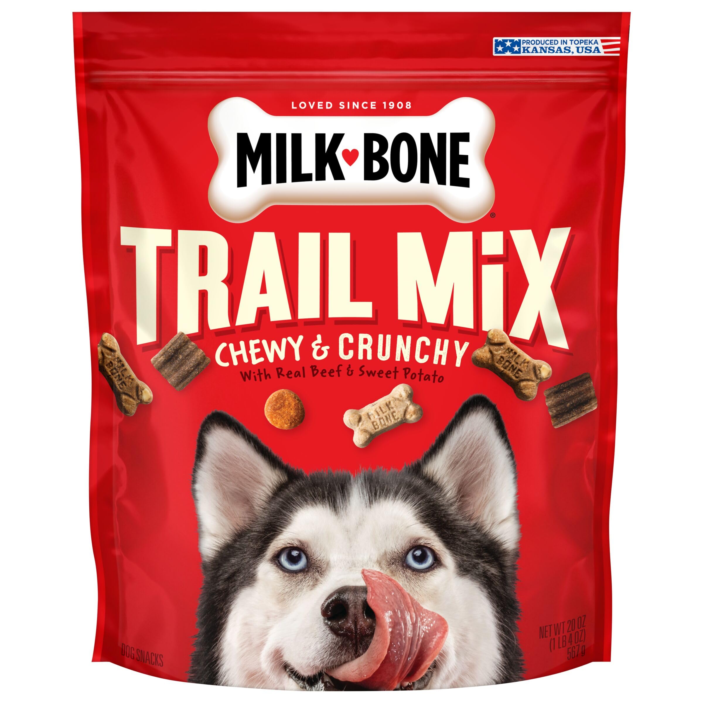 Milk-Bone Trail Mix – sachet croquant et tendre, récompense simple et variée pour chien.