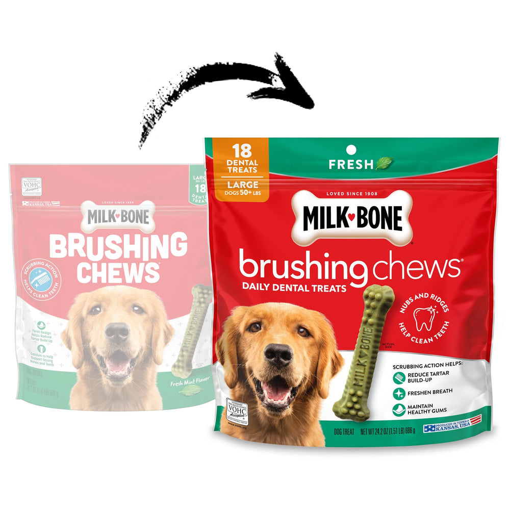 Milk-Bone Brushing Chews – chien croquant les crêtes pour dents propres.