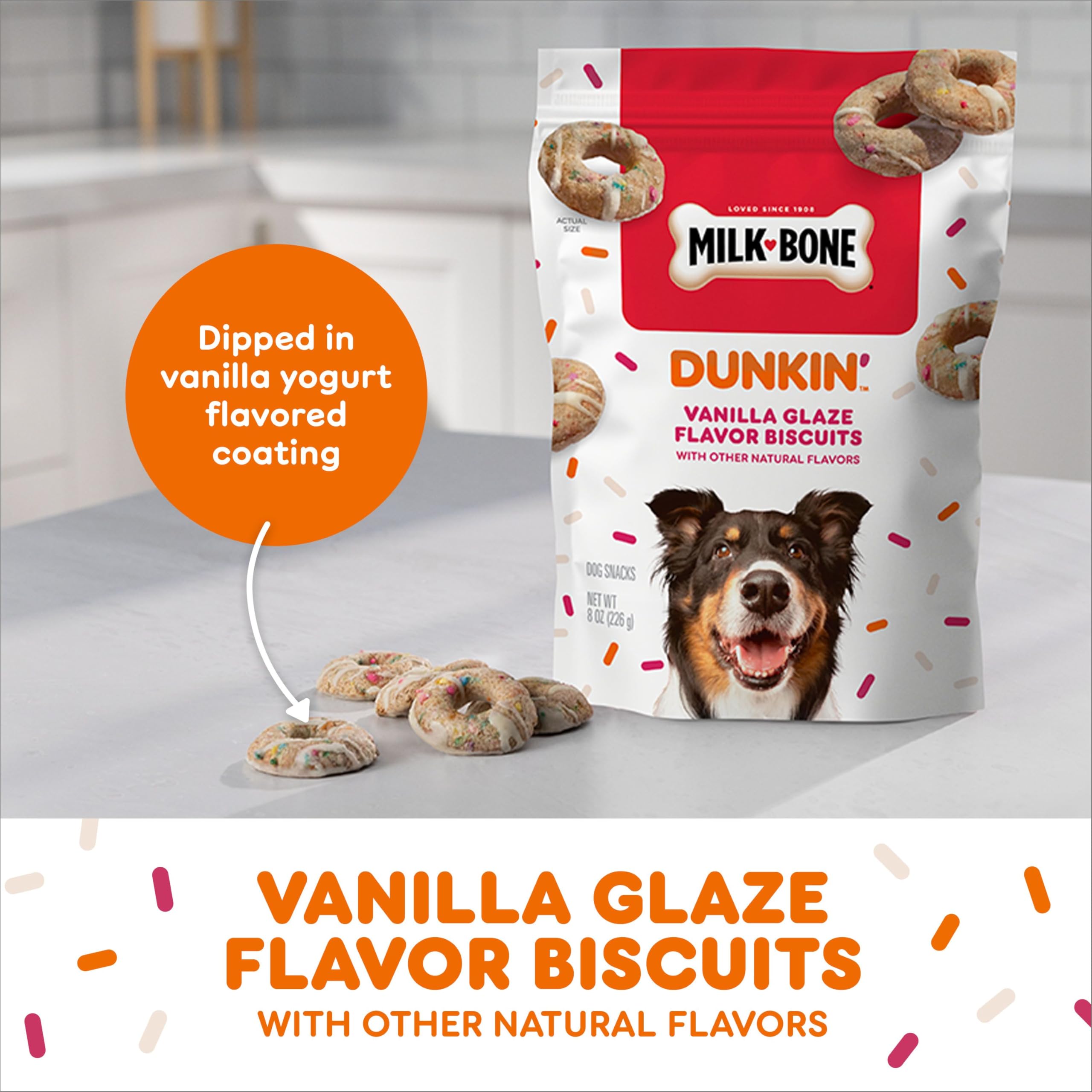 Milk-Bone Dunkin vanille glace biscuits – friandise colorée avec sprinkles pour le plaisir.
