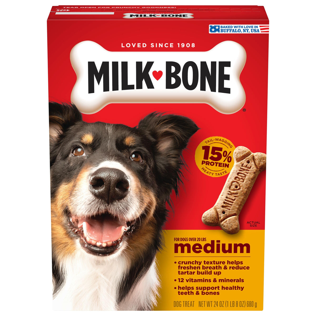 Milk-Bone Original dans une boîte de 24 onces prête à récompenser quotidiennement.