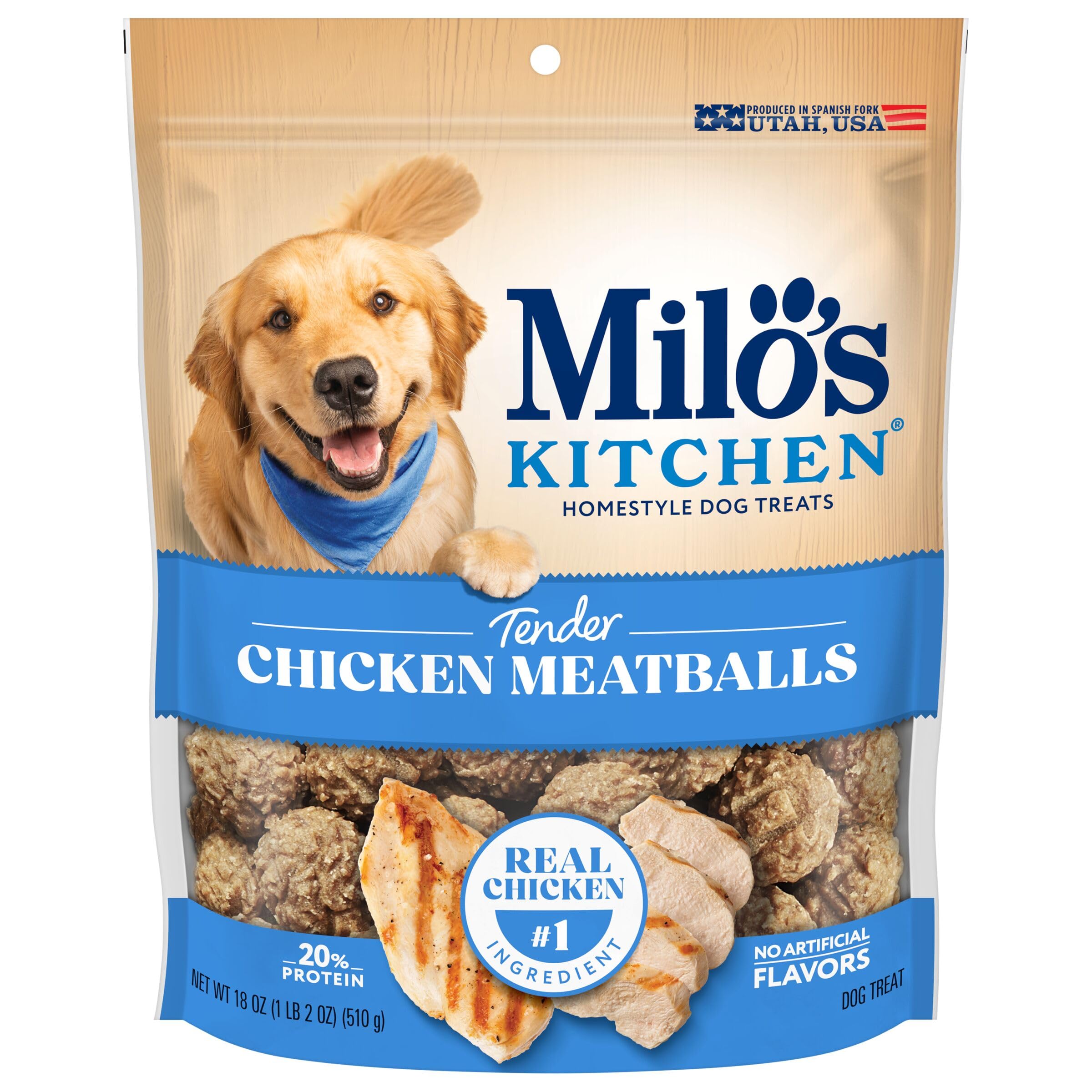 Milo’s Kitchen Boulettes de poulet pour chien — sac pratique pour récompenser en promenade