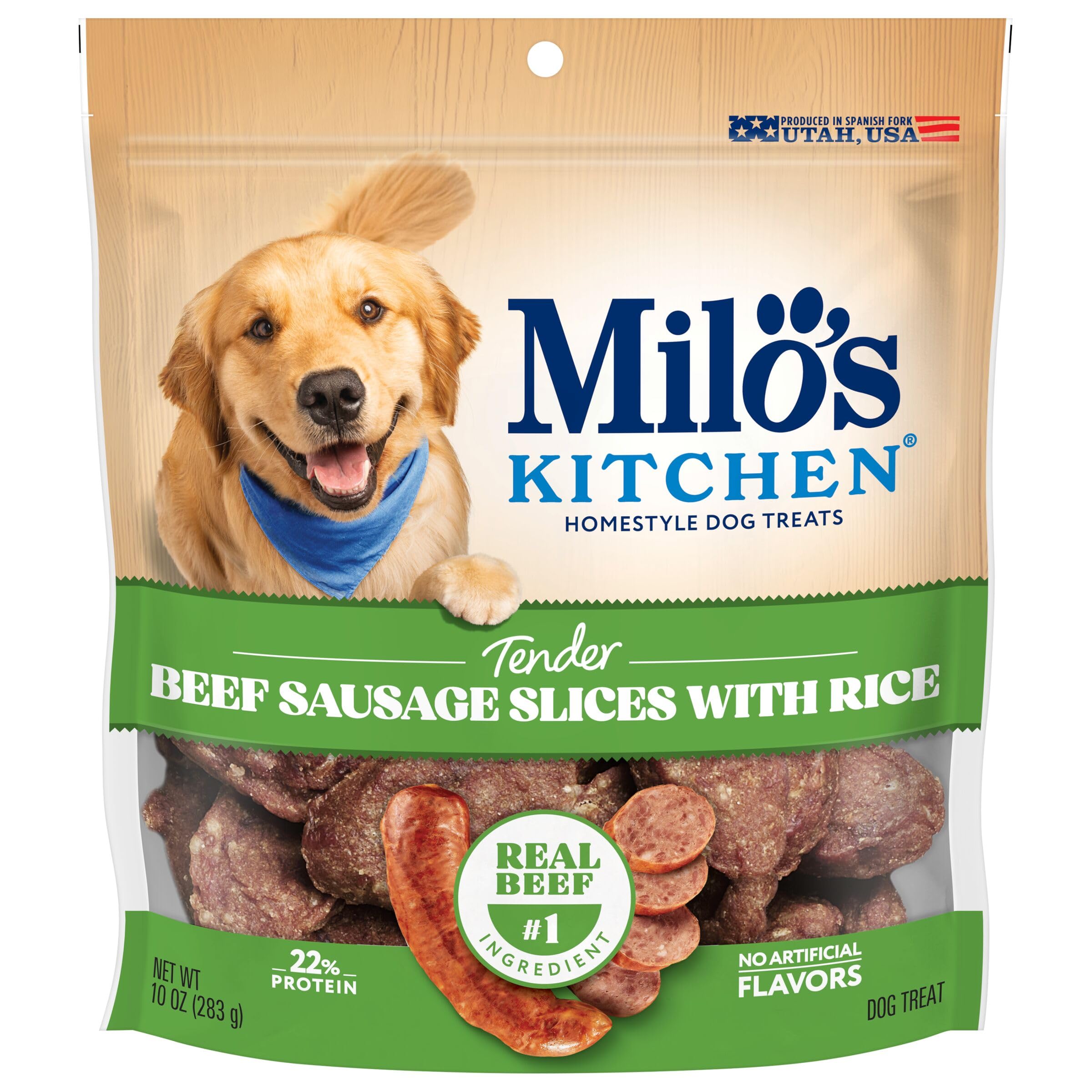 Milo's Kitchen emballage montrant les tranches saucisse boeuf et riz