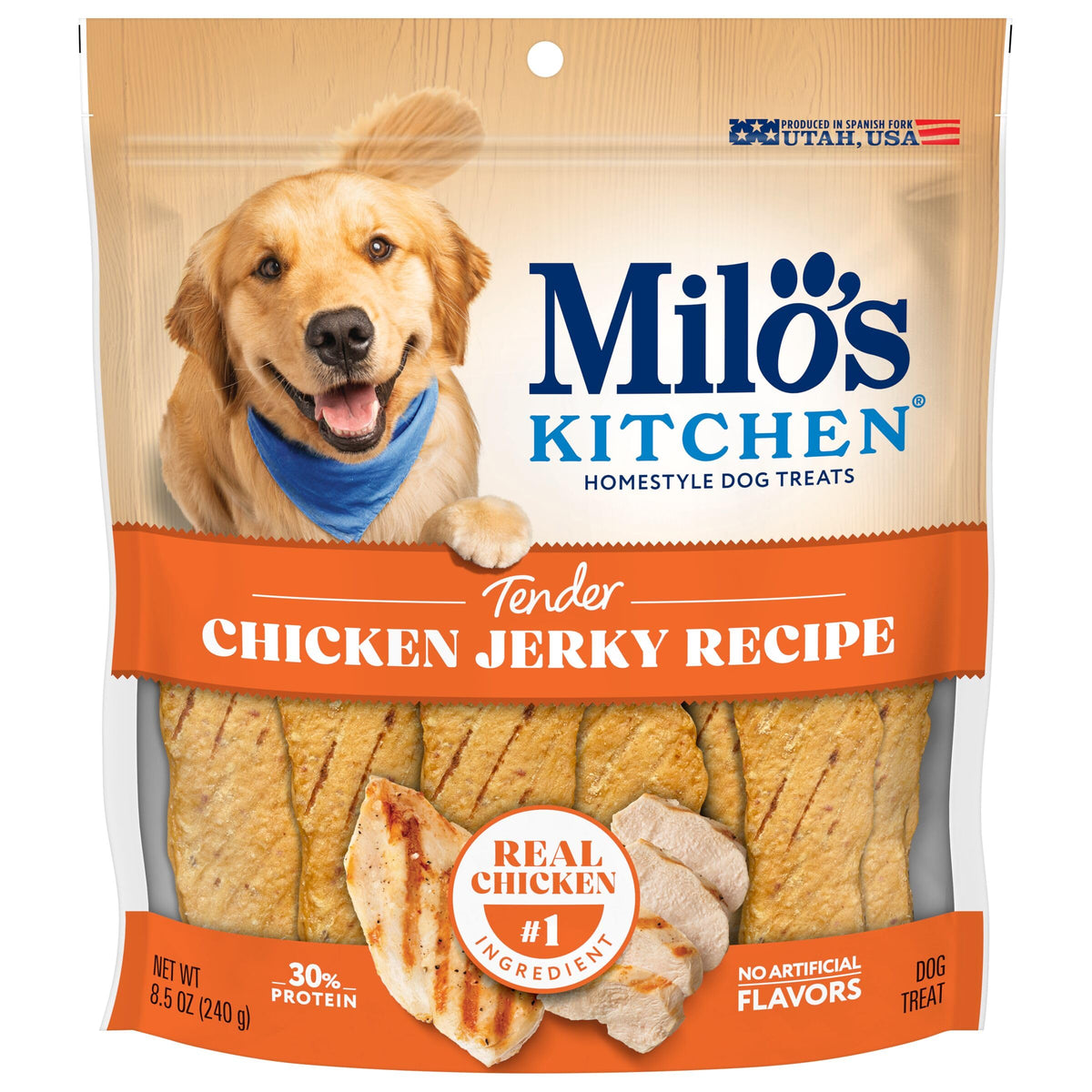 Milo's Kitchen jerky de poulet, sac ouvert, friandise tendre pour chien.