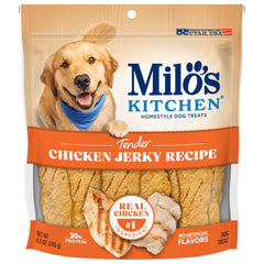 Milo's Kitchen jerky de poulet, sac ouvert, friandise tendre pour chien.