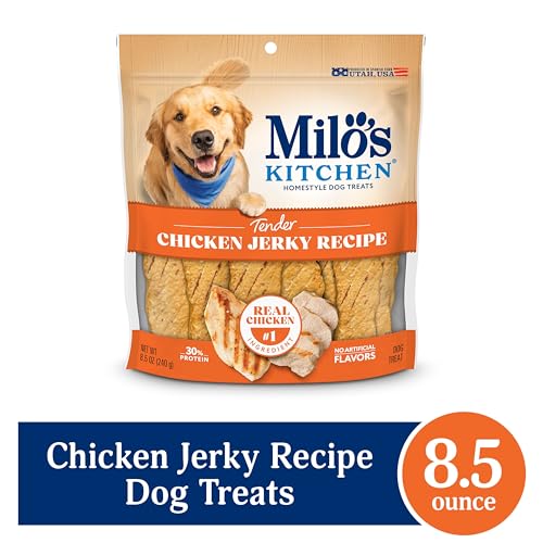 Milo's Kitchen jerky de poulet, tranches tendres idéales pour récompense.