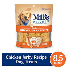 Milo's Kitchen jerky de poulet, tranches tendres idéales pour récompense.