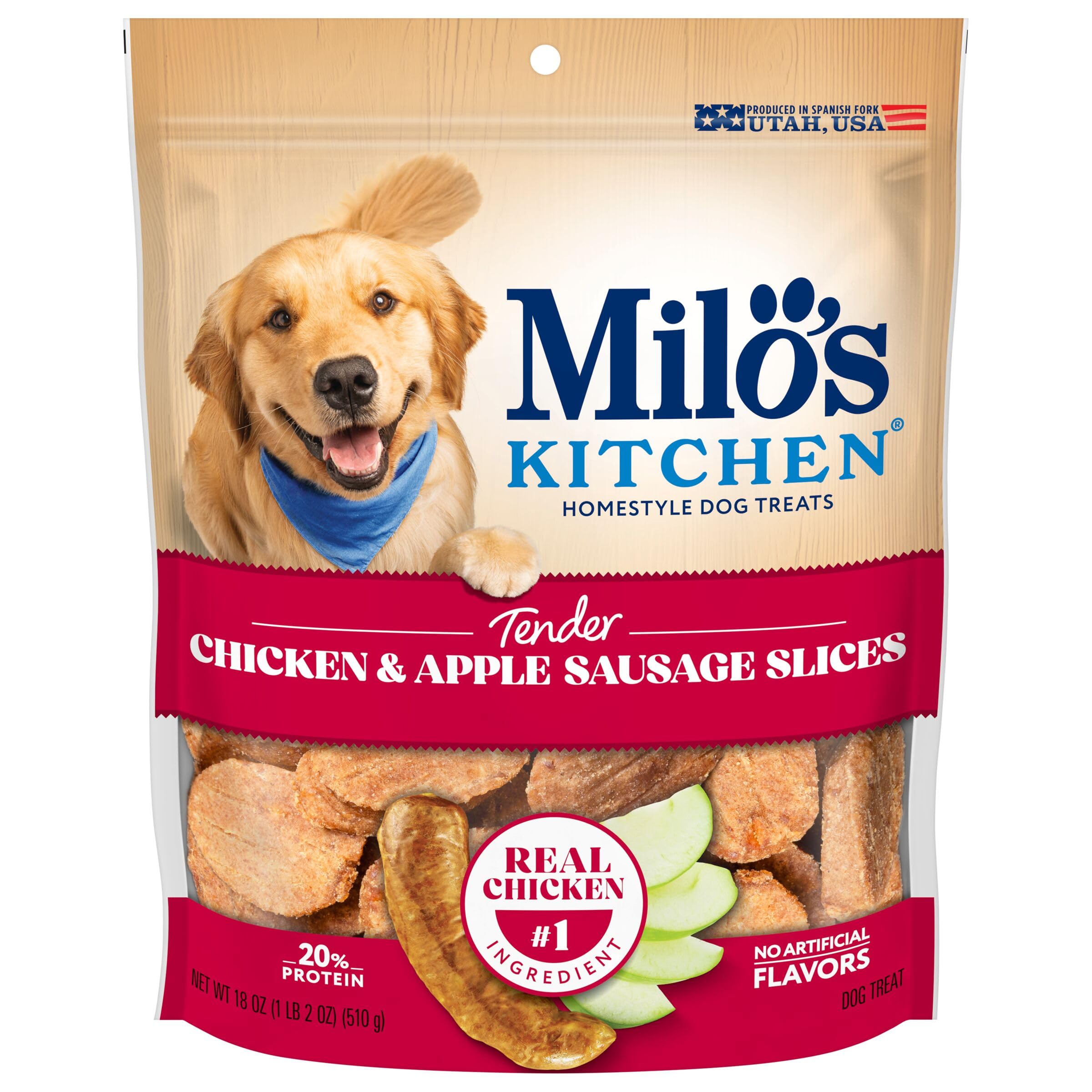 Milo’s Kitchen sachet 18oz poulet-pomme, récompense pratique pour chien.