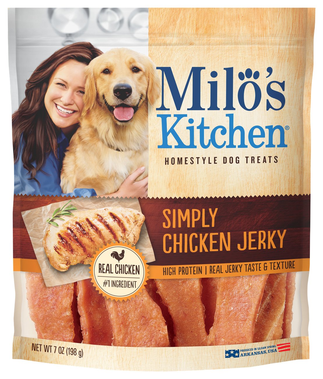 Milo's Kitchen Simply Chicken Jerky – sachet 7 oz: friandise protéinée pour chien.