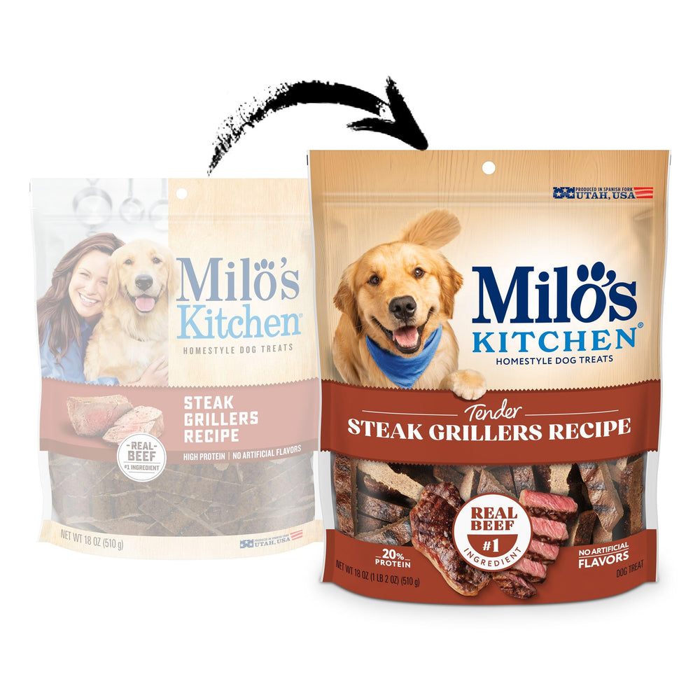 Milo’s Kitchen Steak Grillers: Morceaux Angus boeuf, texture tendre pour récompense.