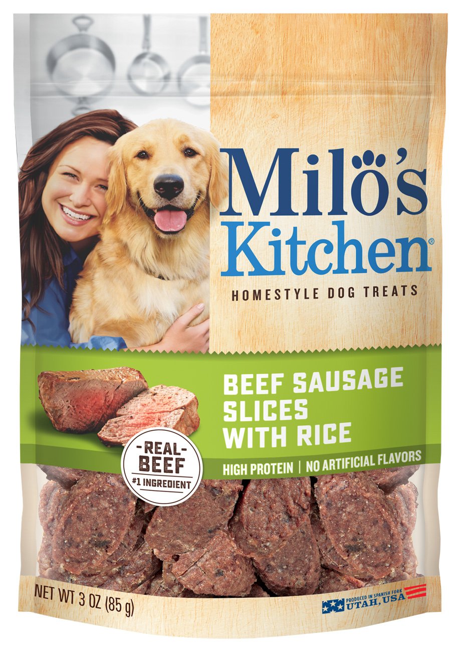 Milo's Kitchen – tranches de boeuf avec riz, friandise appétissante pour chien.