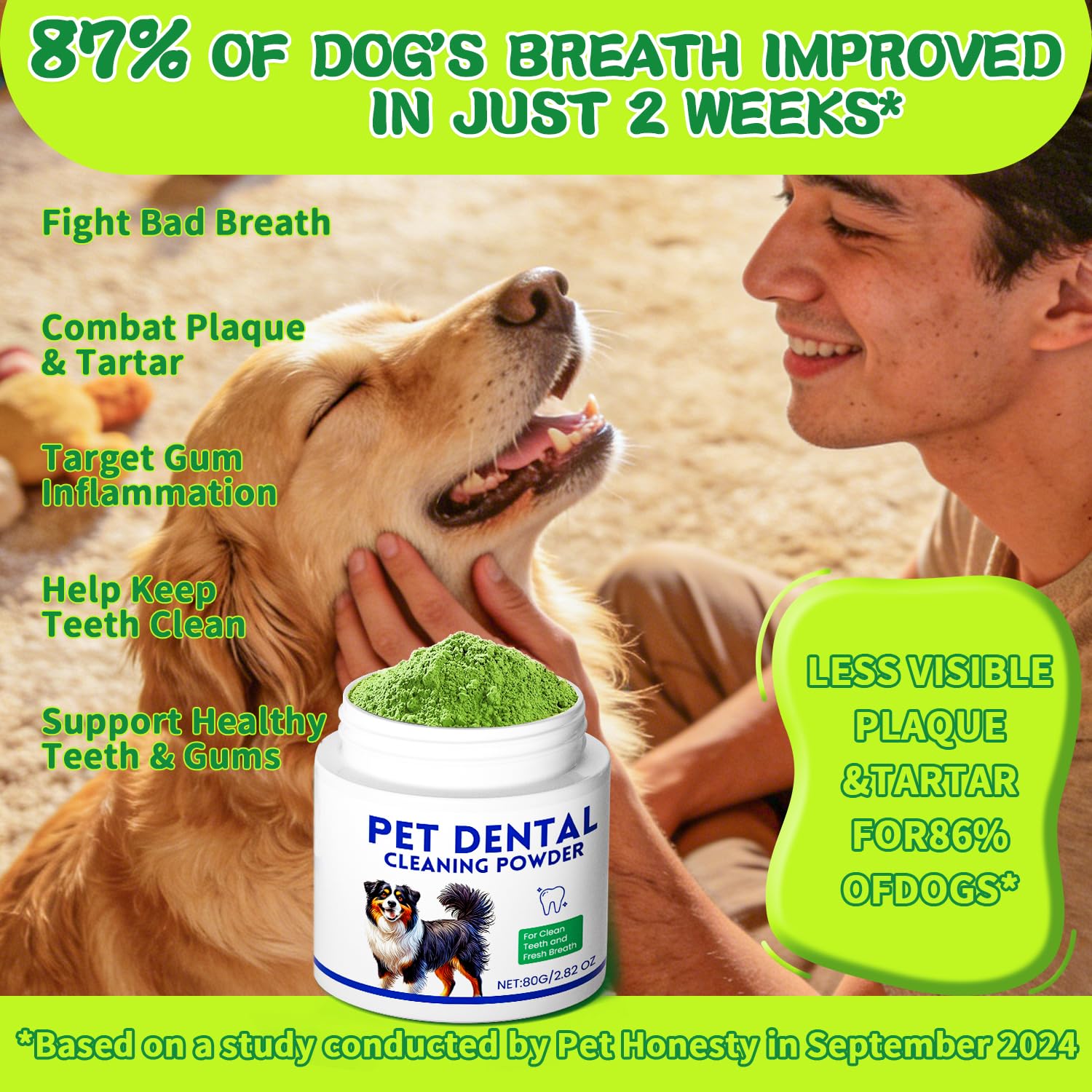 Mimo Style Poudre Dentaire Chien Vert — emballage vert et soin préventif.