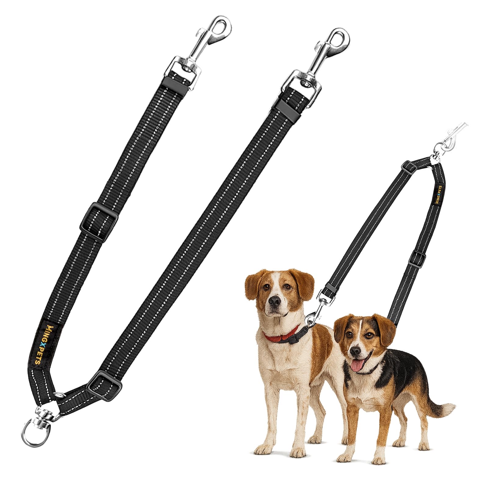 MingXpets Laisse double pour deux chiens en action, evite les noeuds et facilite le controle.