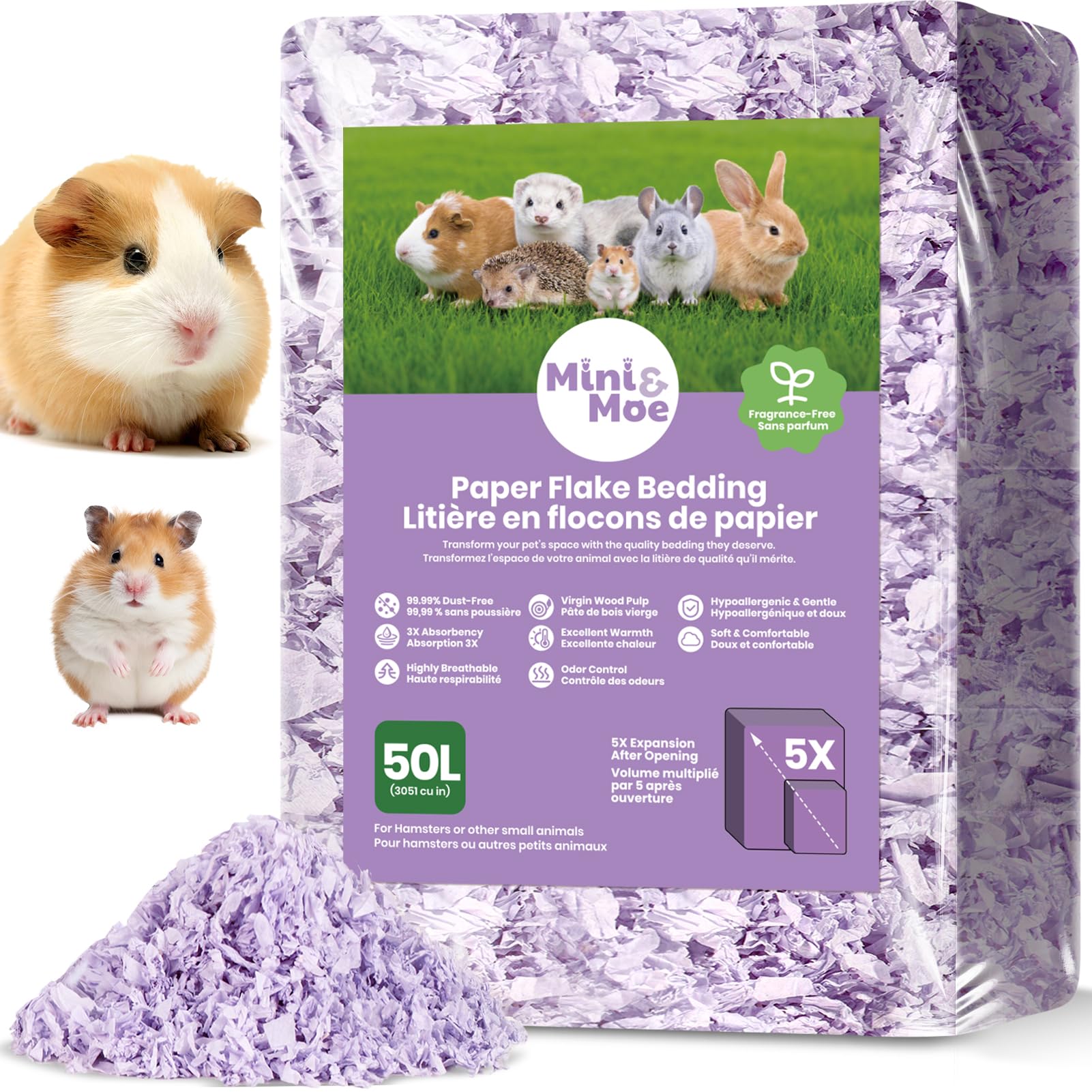 mini&moe litiere 50L, emballage visible, pratique à stocker et changer.