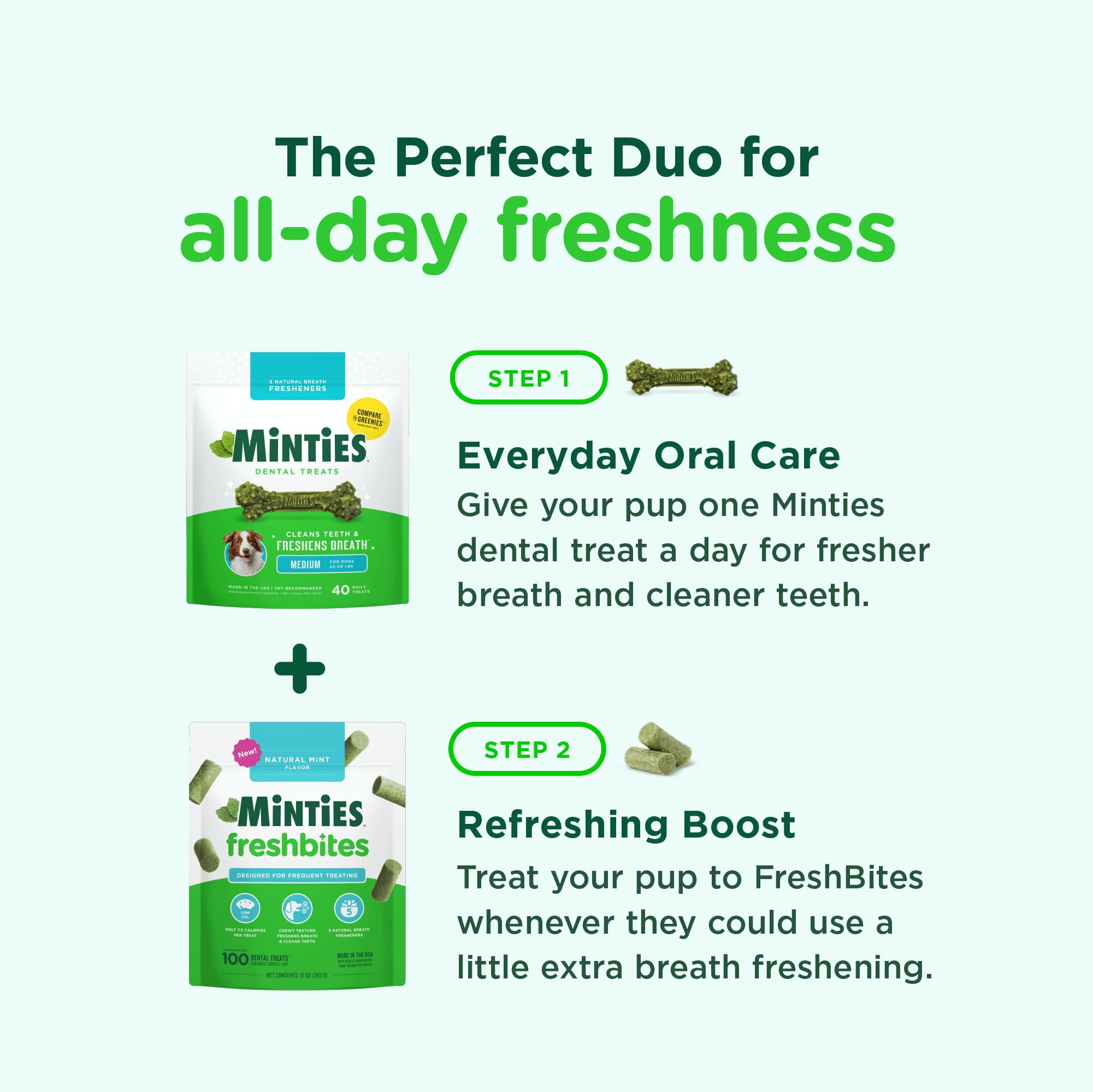 Minties FreshBites - bouchée faible-calorie, option légère pour chiens actifs.