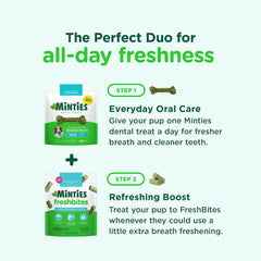 Minties FreshBites - bouchée faible-calorie, option légère pour chiens actifs.