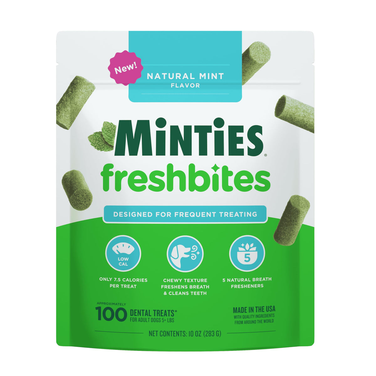 Minties FreshBites - emballage attractif, friandise dentaire faible calorie pour chiens, haleine plus fraîche.