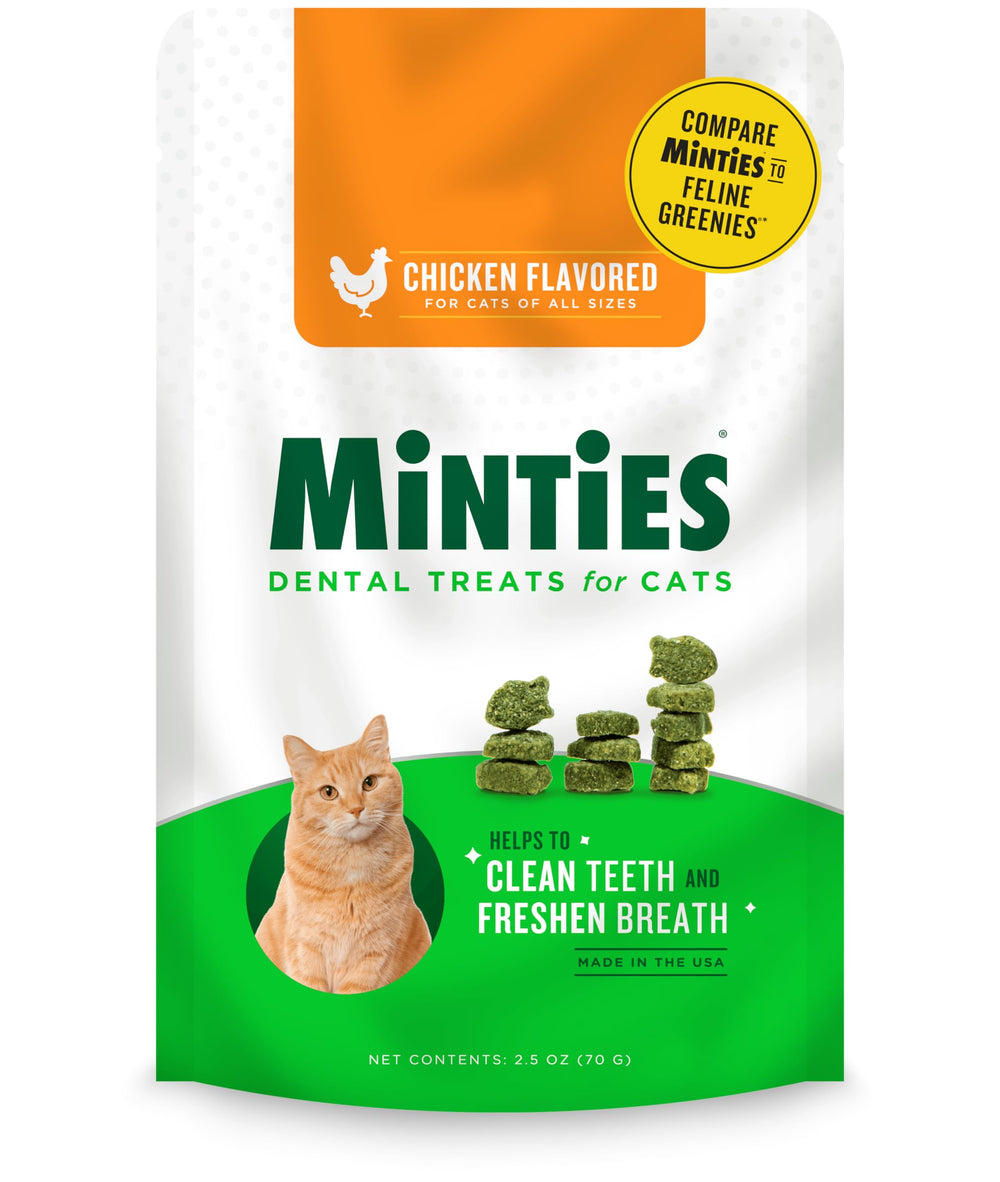 Minties friandises dentaires pour chats – emballage visible, haleine plus fraîche.