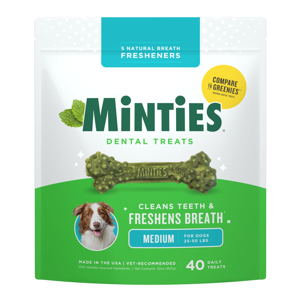 Minties, sachet 40 os dentaires pour chien moyen, haleine fraîche et dentition saine.